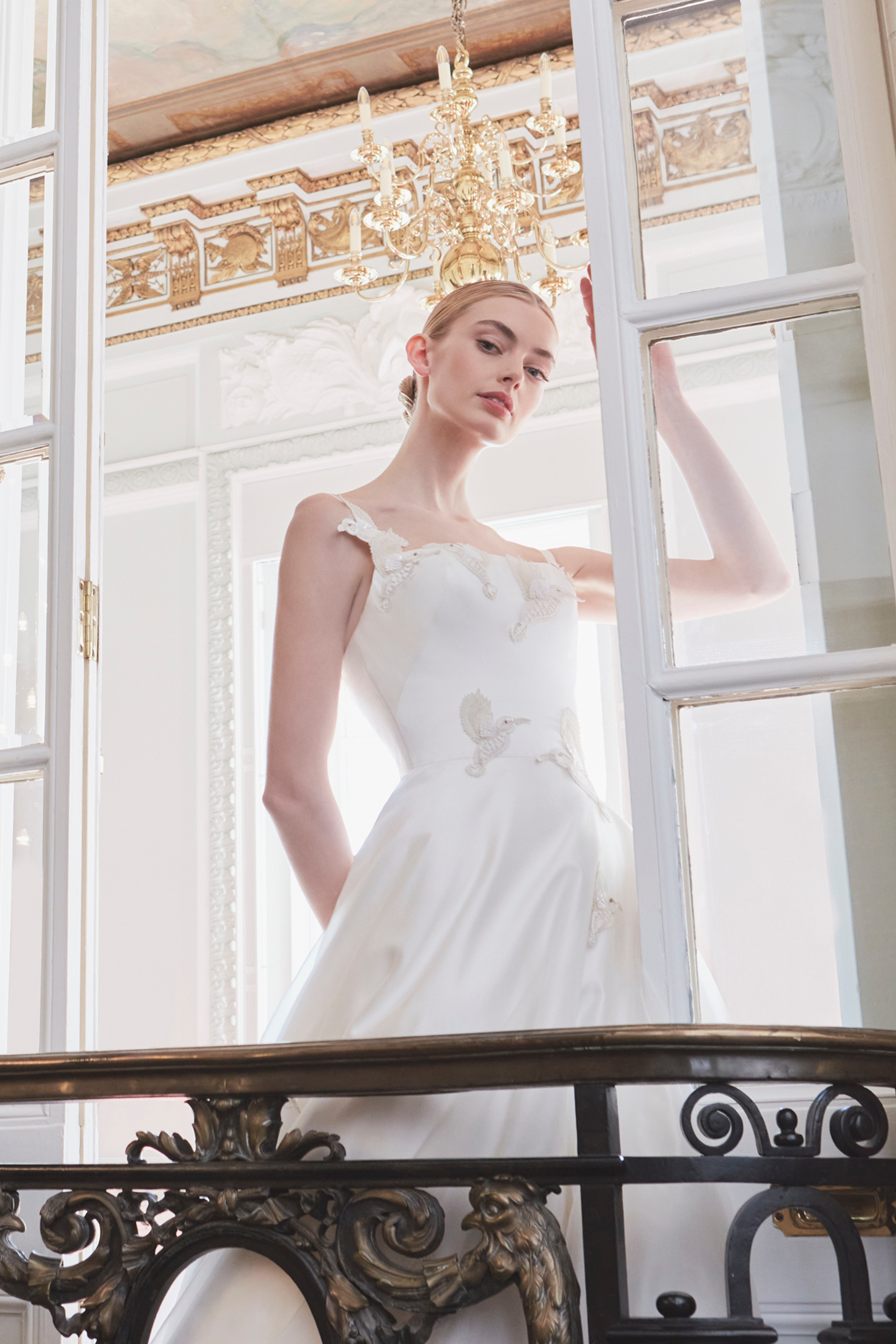 Phillipa Lepley Couture Wedding Dress London Vienna Organza Hummingbirds Corseted satin wedding gown with organza overlay and hand embroidered hummingbird design