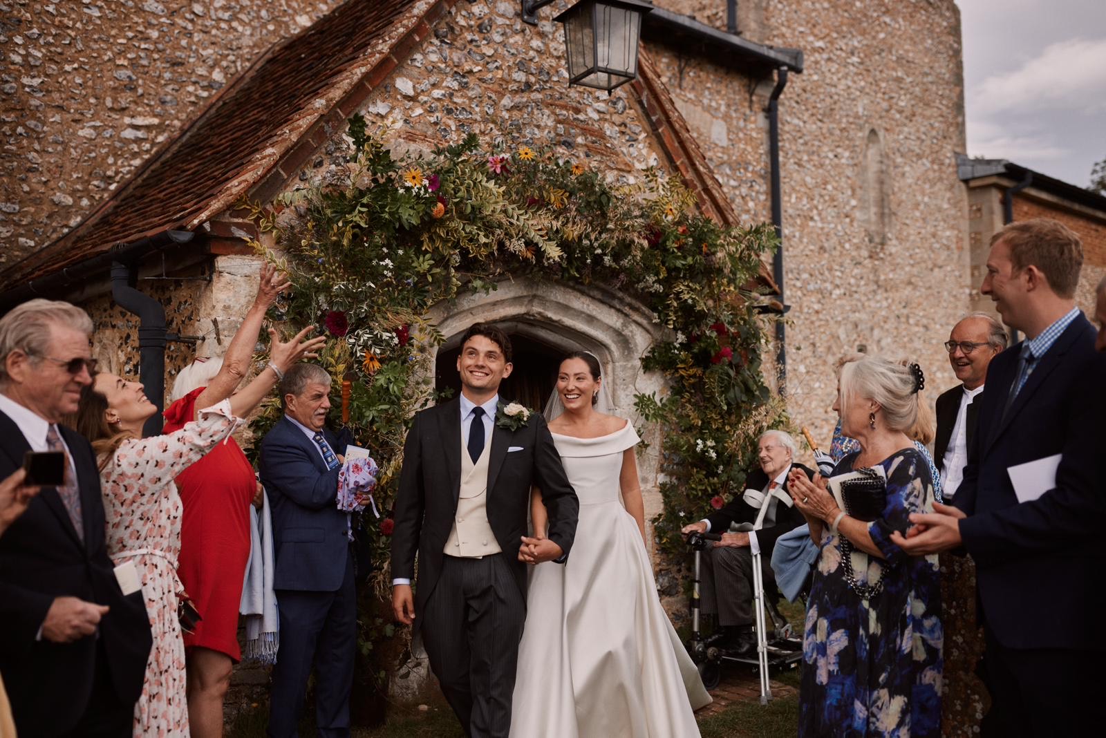 Phillipa Lepley bride Harriet Duchess Satin Off The Shoulder Wedding Dress Colourful Hand Embroidered Wildflower Meadow Veil