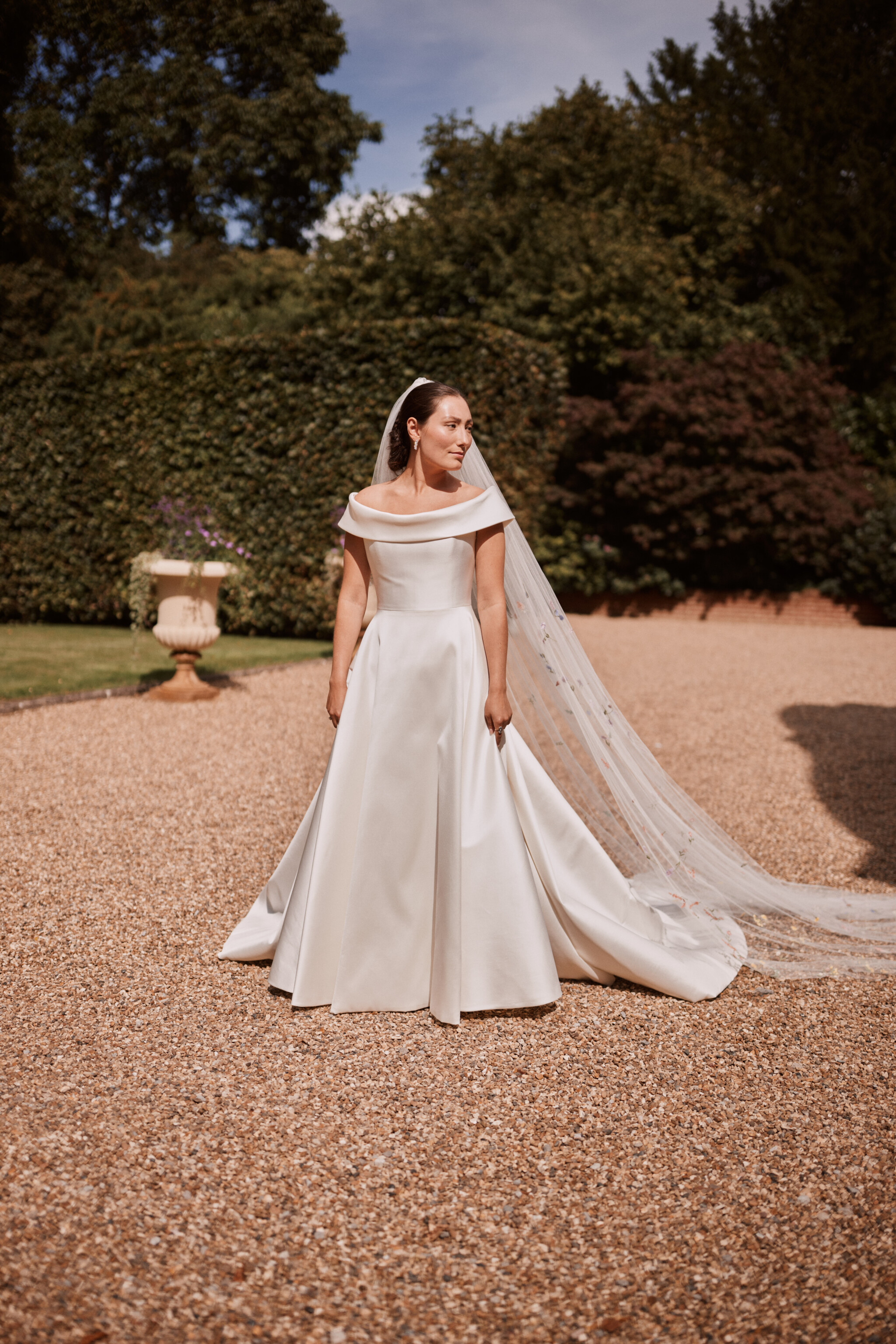 Phillipa Lepley bride Harriet Duchess Satin Off The Shoulder Wedding Dress Colourful Hand Embroidered Wildflower Meadow Veil
