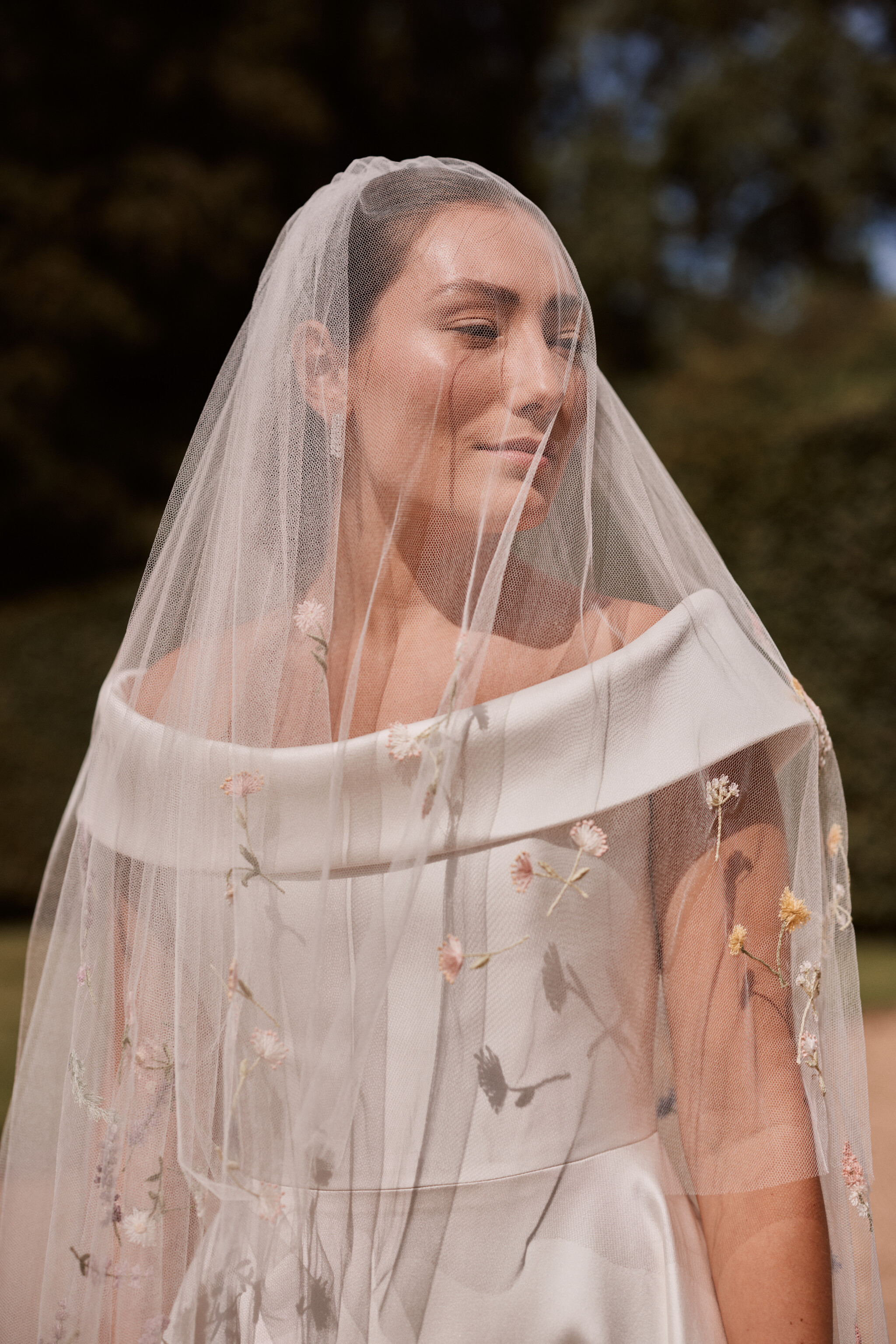 Phillipa Lepley bride Harriet Duchess Satin Off The Shoulder Wedding Dress Colourful Hand Embroidered Wildflower Meadow Veil