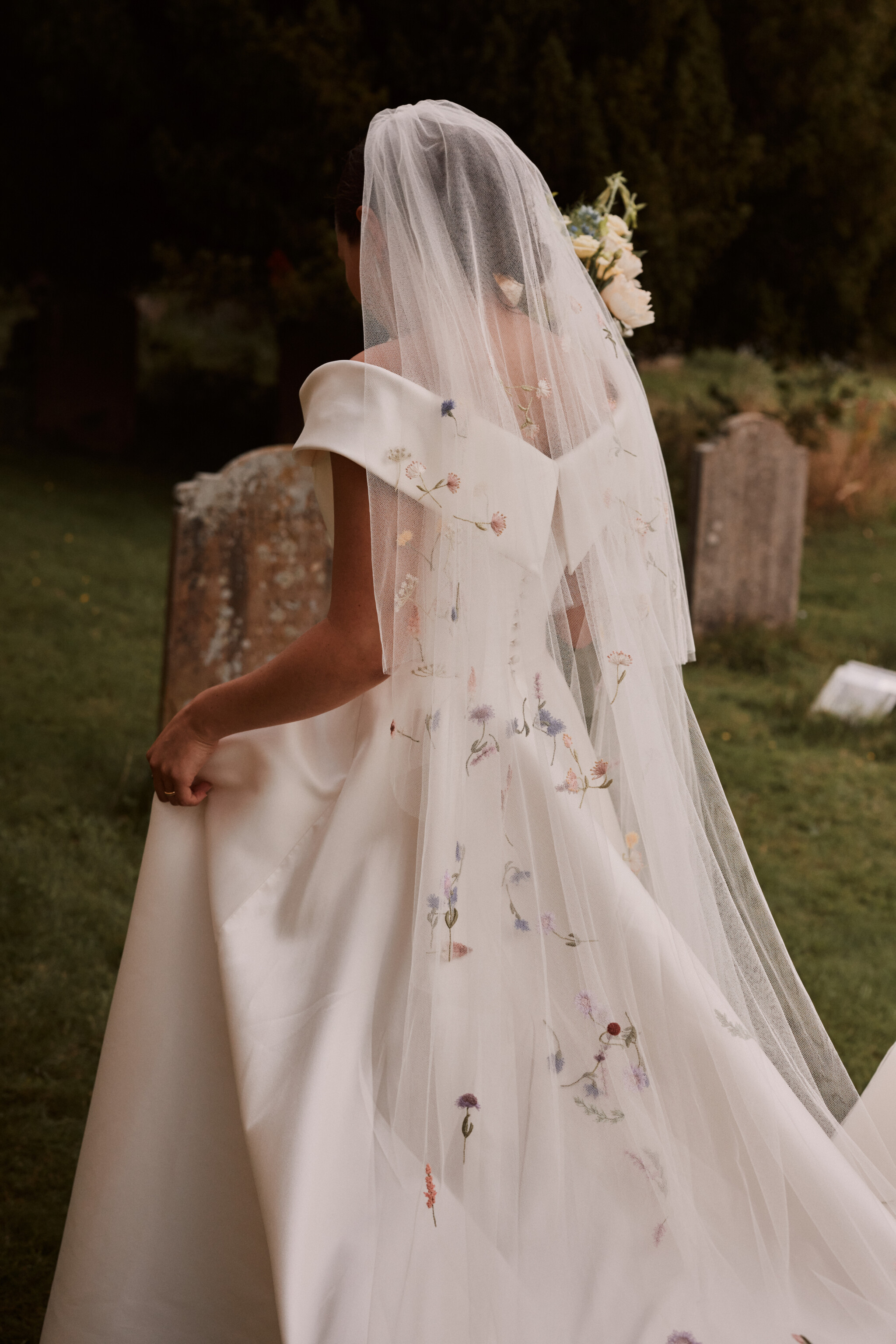 Phillipa Lepley bride Harriet Duchess Satin Off The Shoulder Wedding Dress Colourful Hand Embroidered Wildflower Meadow Veil