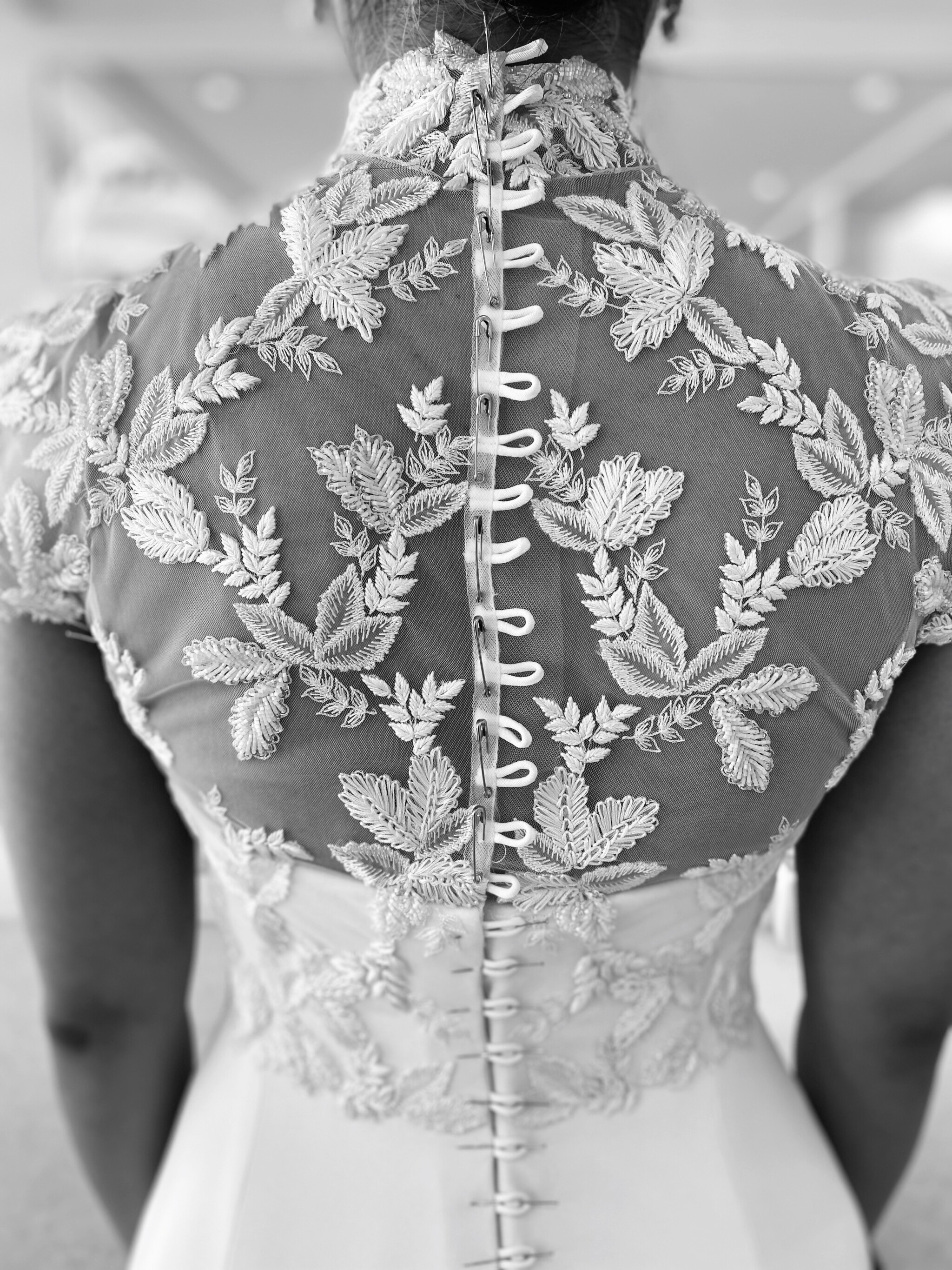 Phillipa Lepley Bride Haelin Bespoke Couture Bridal Fittings Process Embroidered High Neck Top and Gown