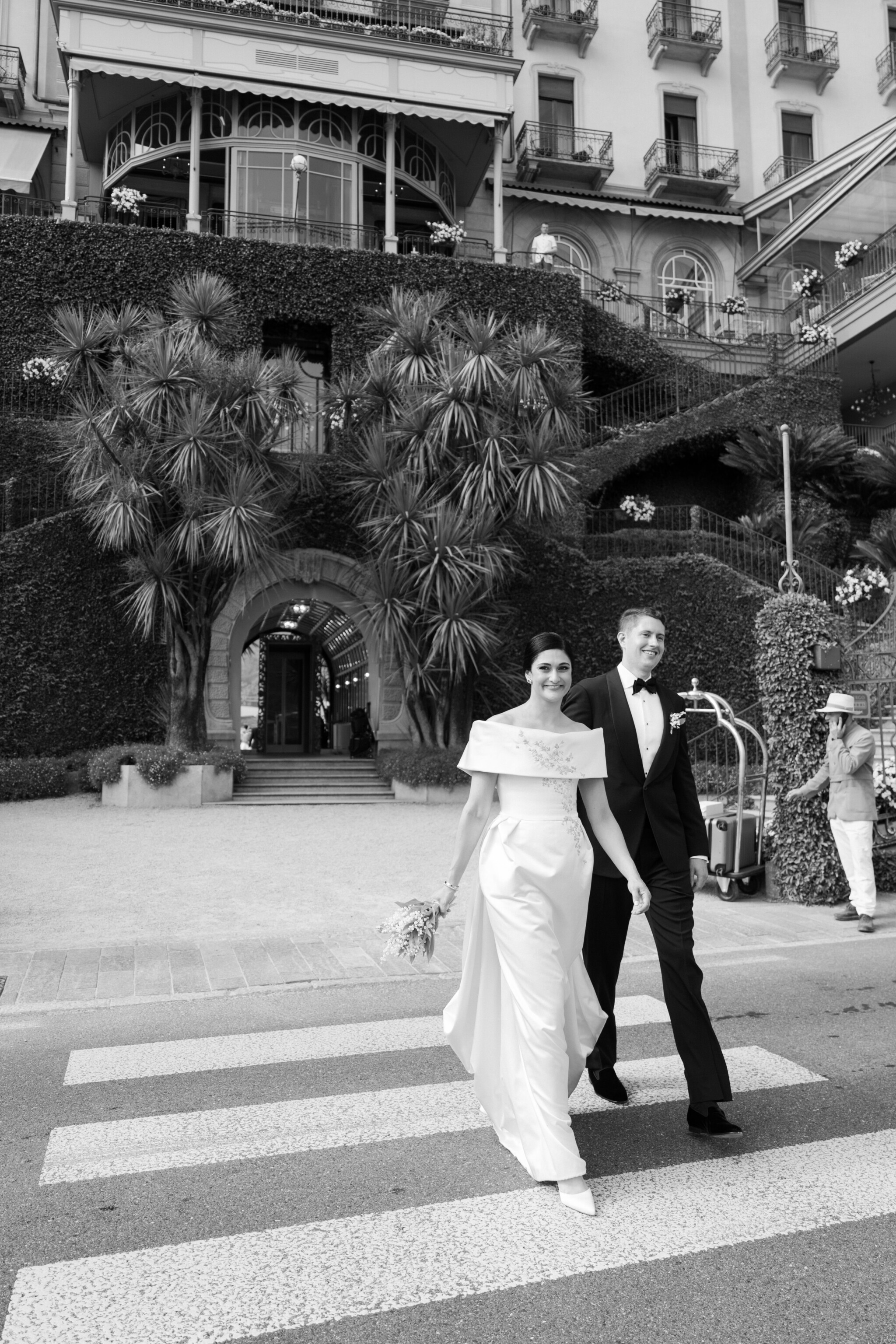 Phillipa Lepley Bride Katie Couture Off The Shoulder Duchess Satin Column Dress Bespoke Floral Embroidery Lake Como Wedding