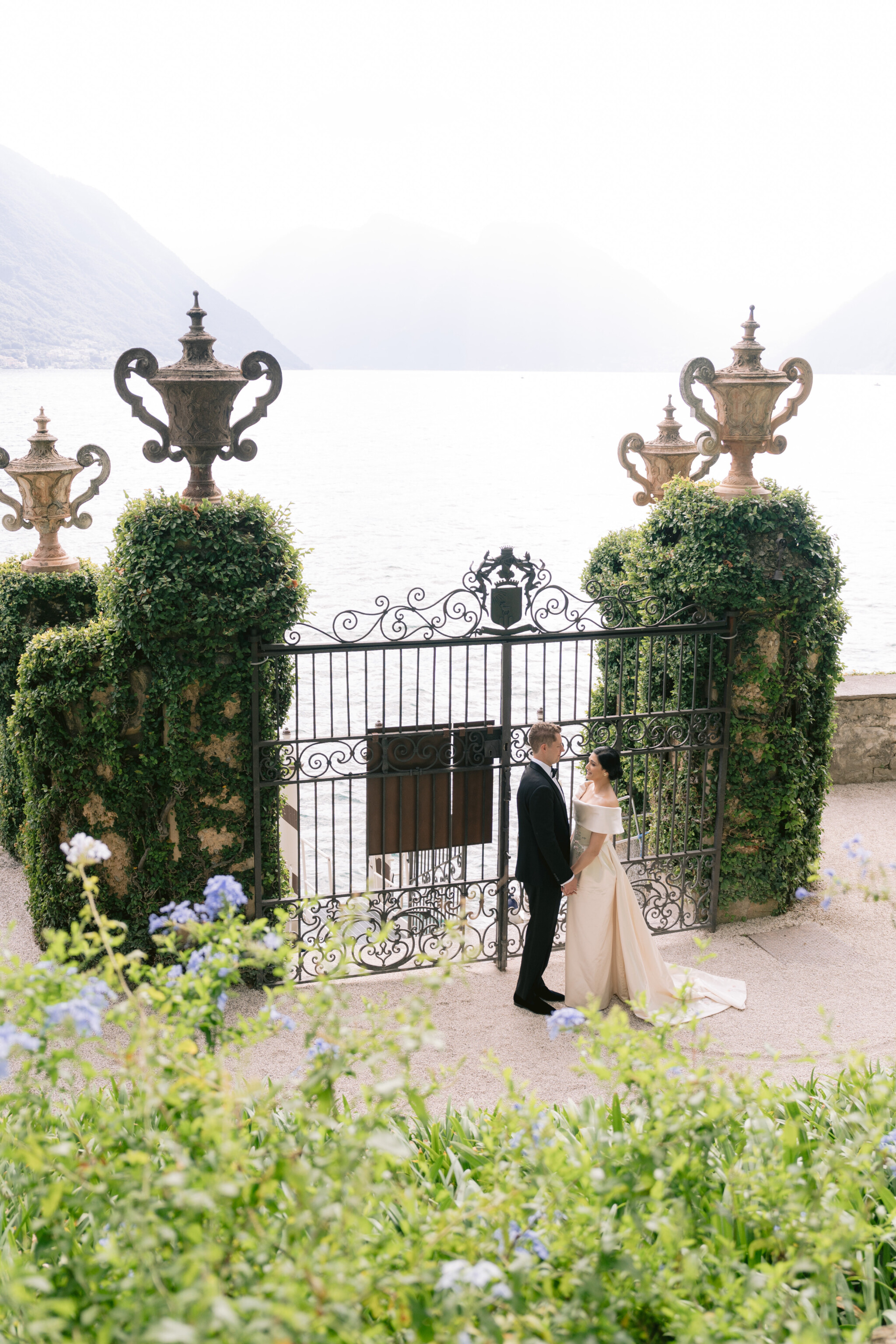 Phillipa Lepley Bride Katie Couture Off The Shoulder Duchess Satin Column Dress Bespoke Floral Embroidery Lake Como Wedding