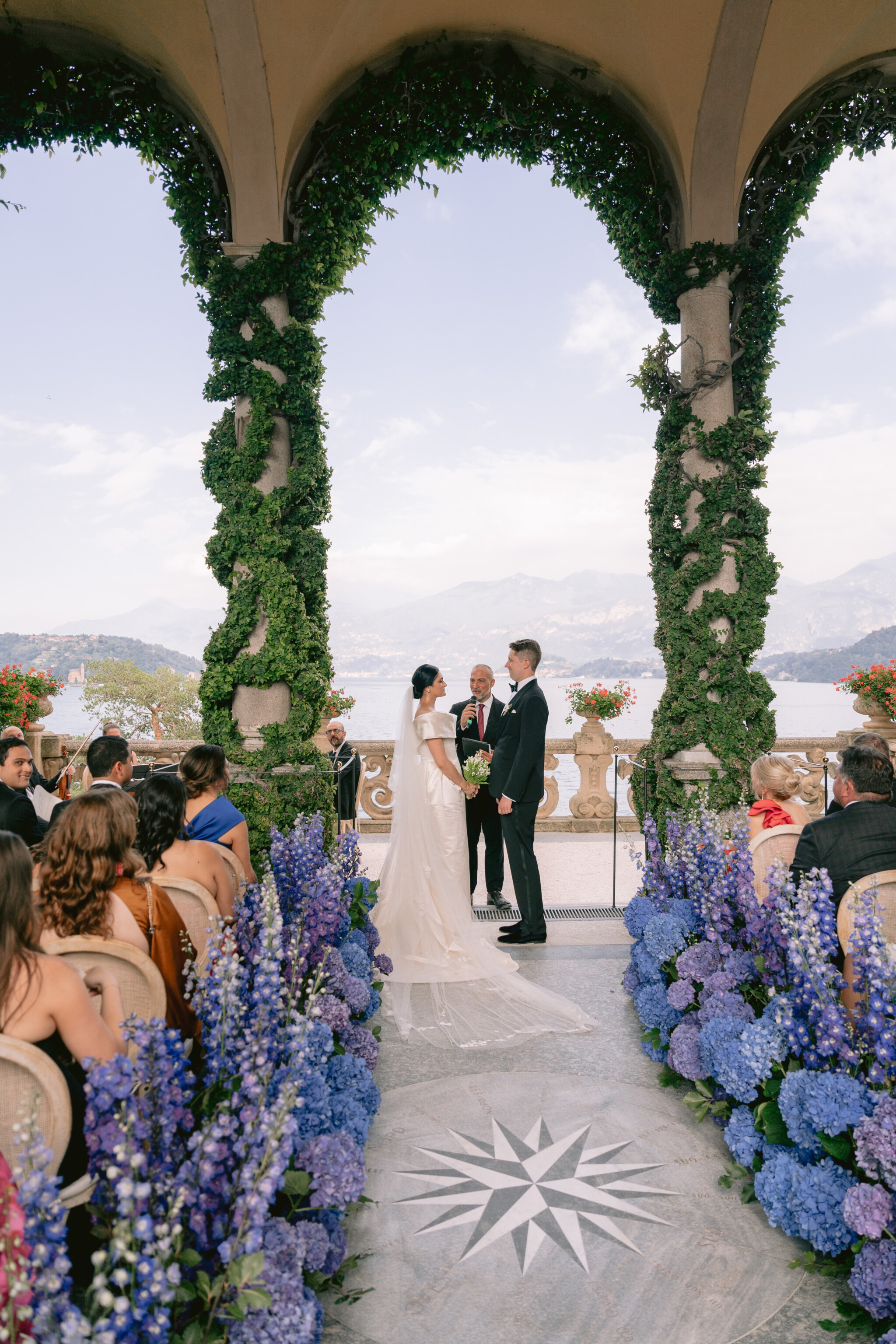 Phillipa Lepley Bride Katie Couture Off The Shoulder Duchess Satin Column Dress Bespoke Floral Embroidery Lake Como Wedding