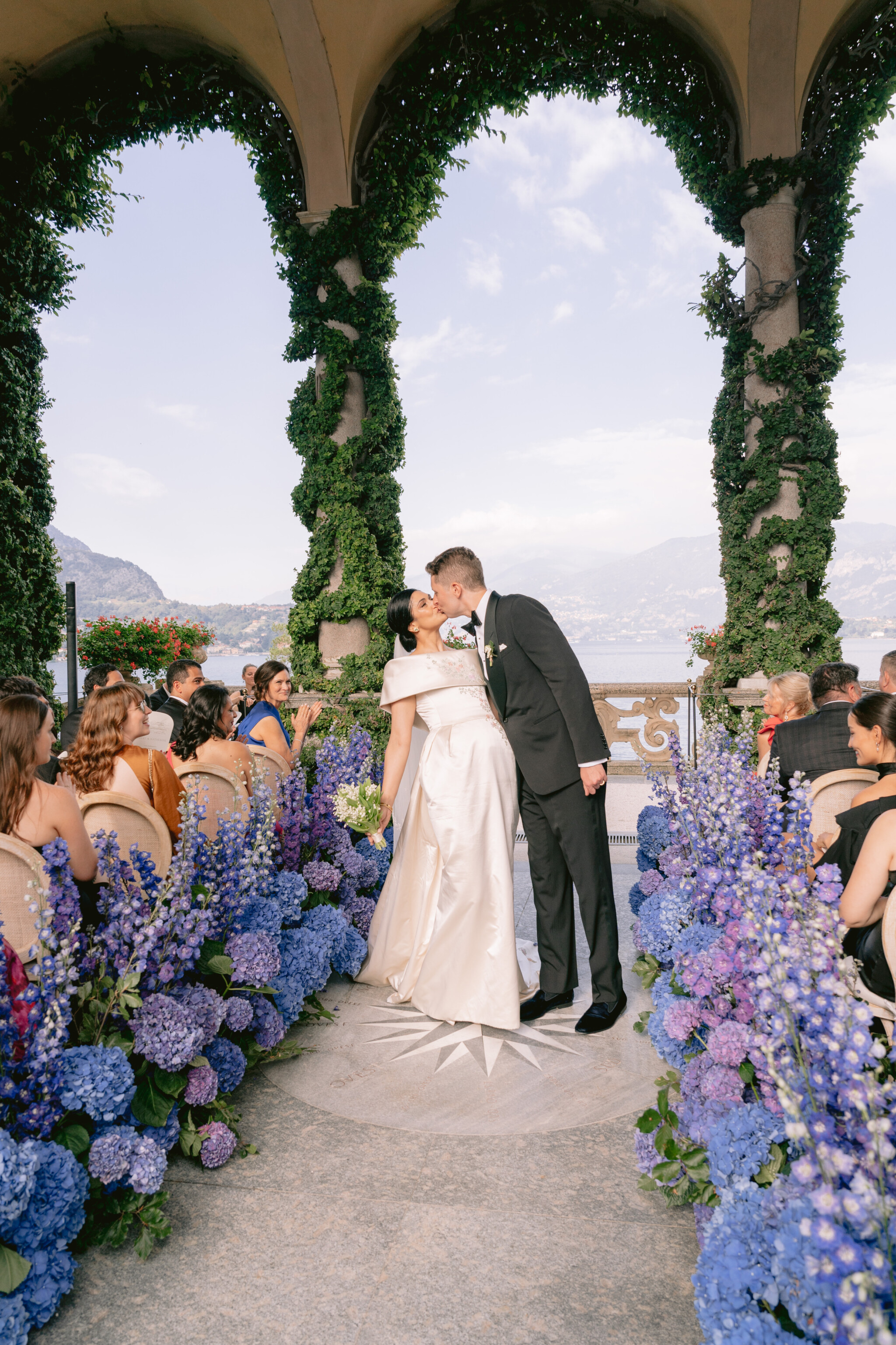 Phillipa Lepley Bride Katie Couture Off The Shoulder Duchess Satin Column Dress Bespoke Floral Embroidery Lake Como Wedding