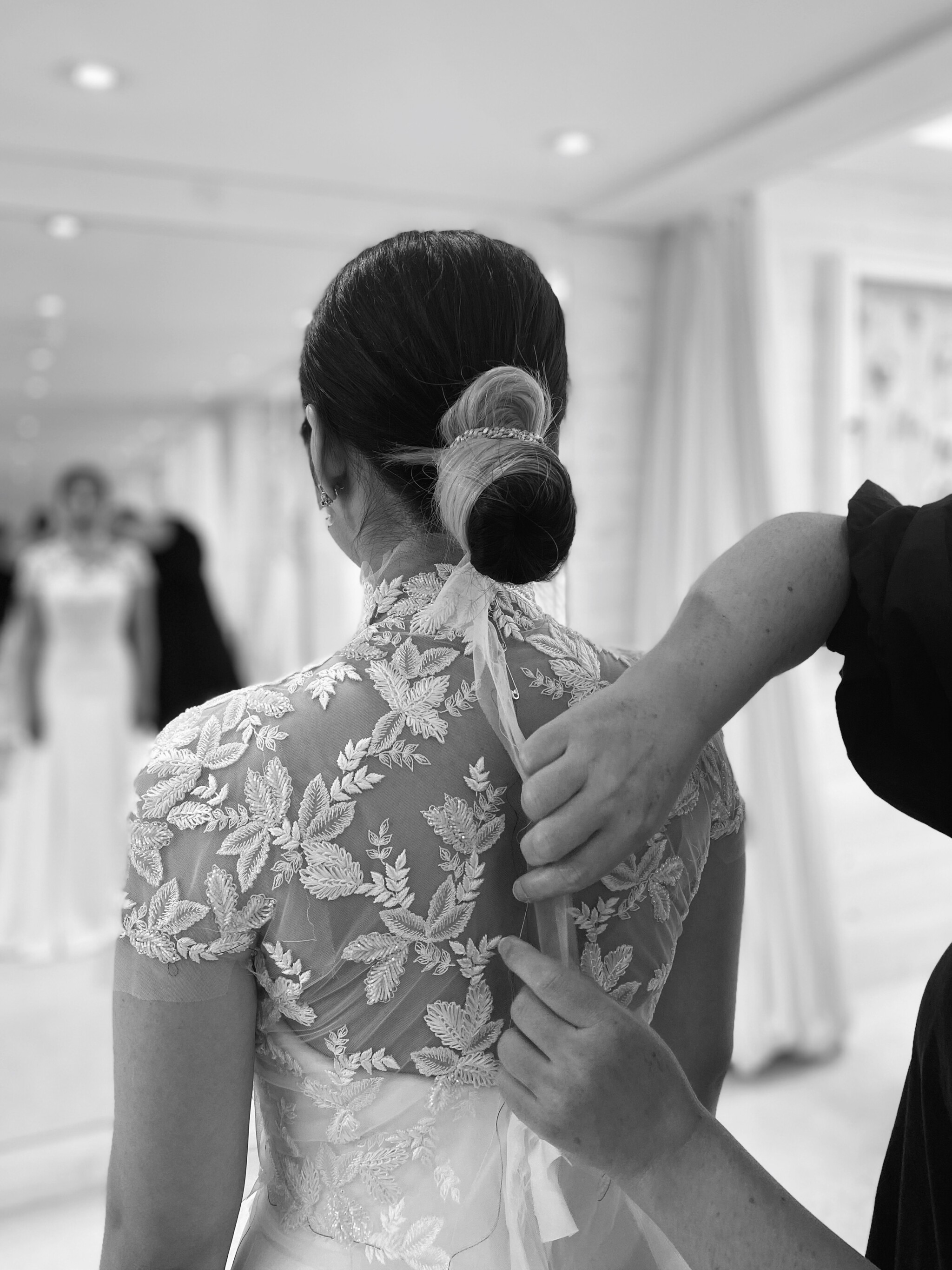 Phillipa Lepley Bride Haelin Bespoke Couture Bridal Fittings Process Embroidered High Neck Top and Gown