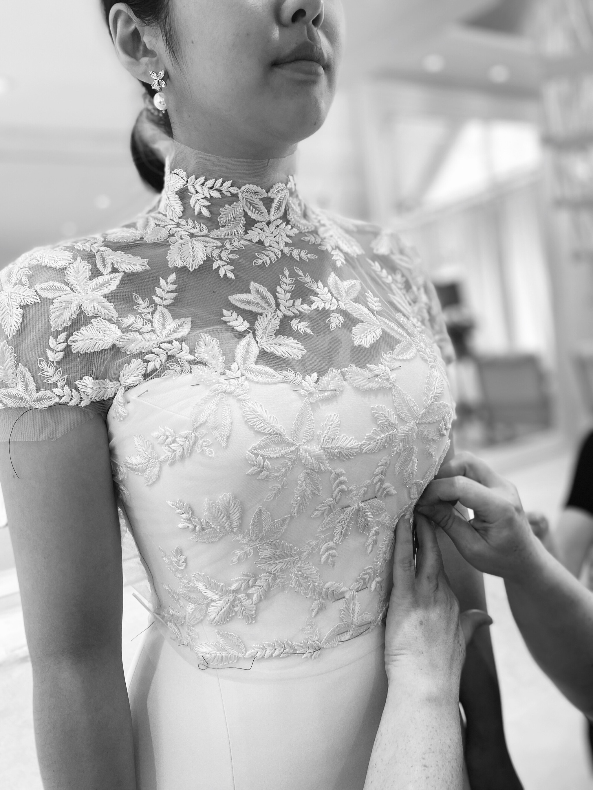 Phillipa Lepley Bride Haelin Bespoke Couture Bridal Fittings Process Embroidered High Neck Top and Gown