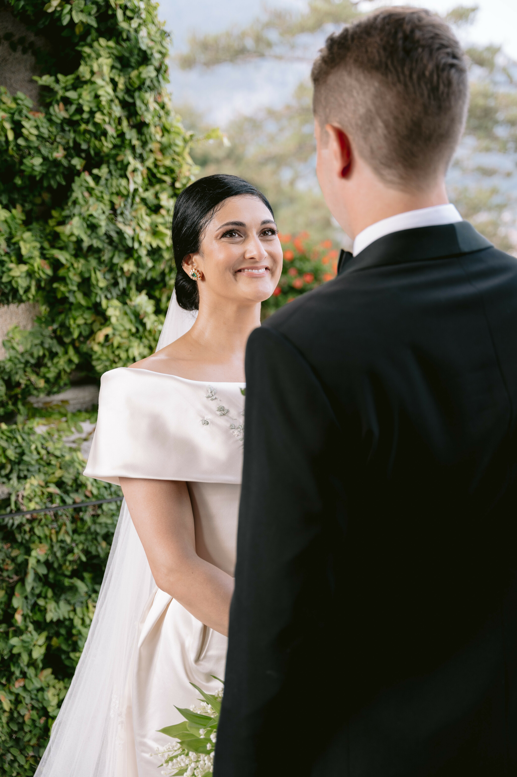 Phillipa Lepley Bride Katie Couture Off The Shoulder Duchess Satin Column Dress Bespoke Floral Embroidery Lake Como Wedding