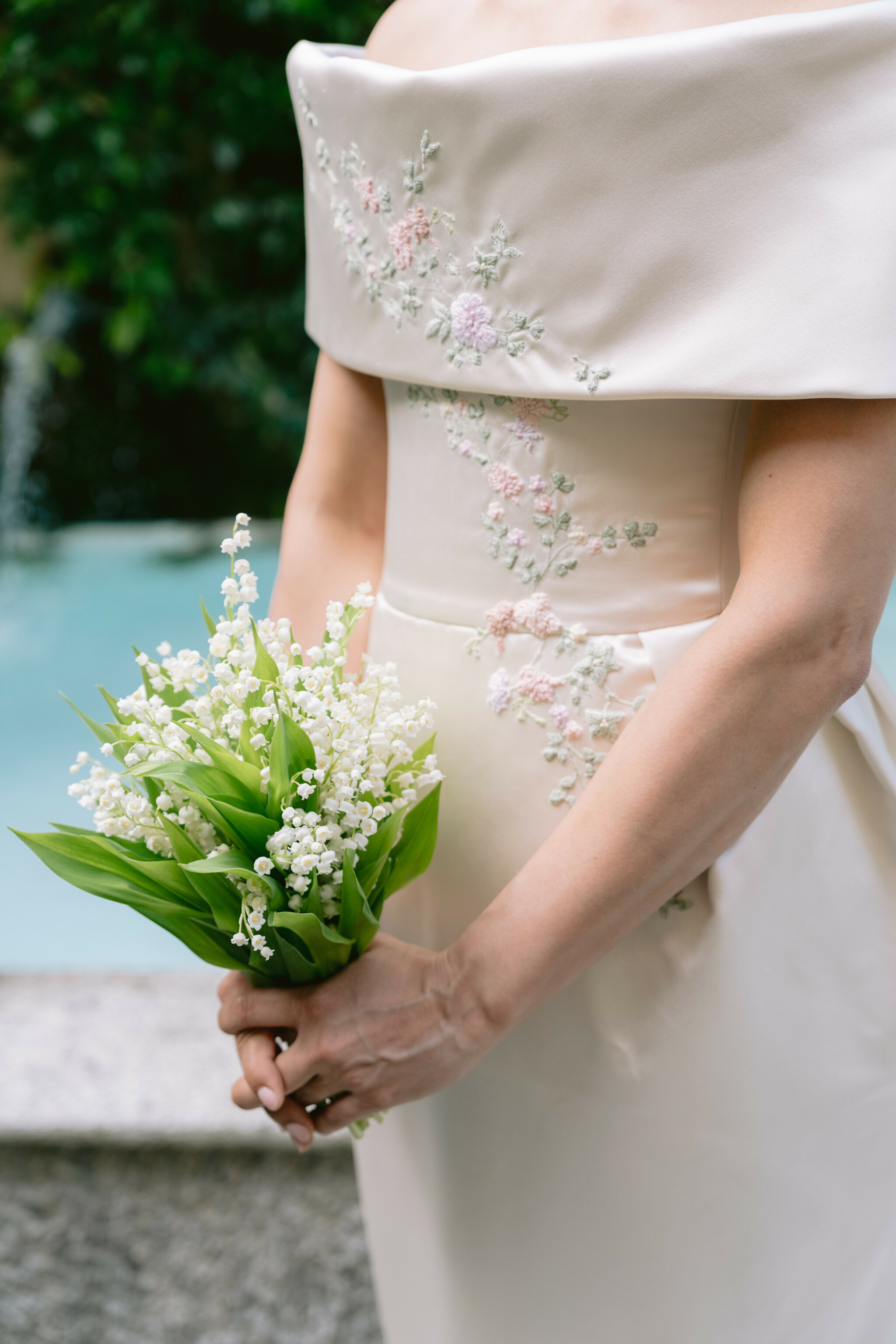 Phillipa Lepley Bride Katie Couture Off The Shoulder Duchess Satin Column Dress Bespoke Floral Embroidery Lake Como Wedding