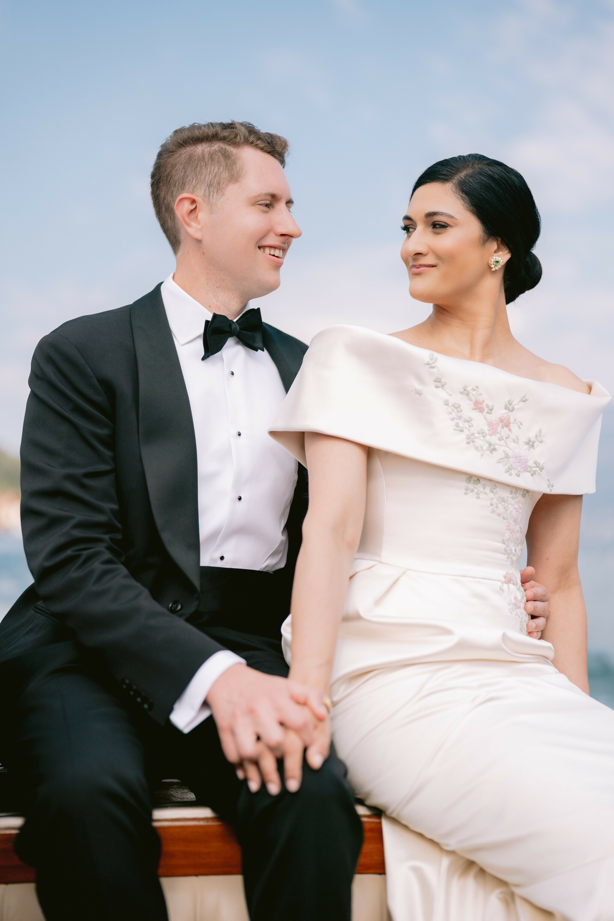 Phillipa Lepley Bride Katie Couture Off The Shoulder Duchess Satin Column Dress Bespoke Floral Embroidery Lake Como Wedding