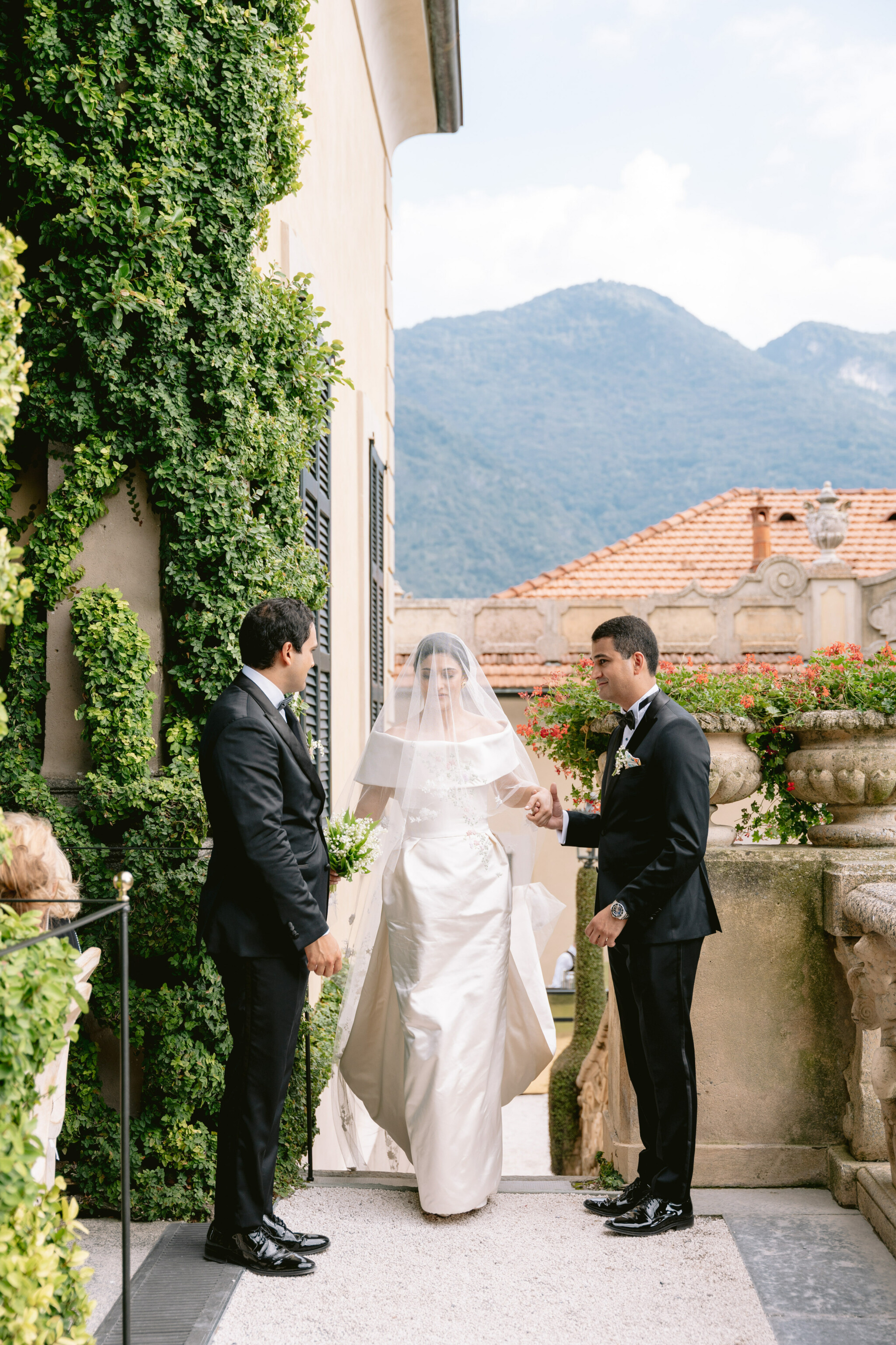 Phillipa Lepley Bride Katie Couture Off The Shoulder Duchess Satin Column Dress Bespoke Floral Embroidery Lake Como Wedding