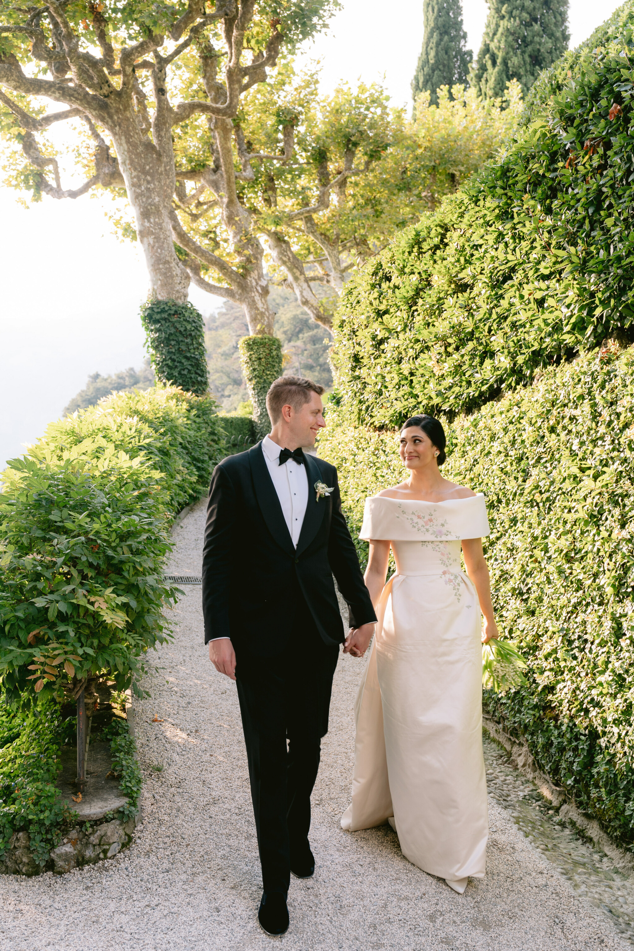 Phillipa Lepley Bride Katie Couture Off The Shoulder Duchess Satin Column Dress Bespoke Floral Embroidery Lake Como Wedding