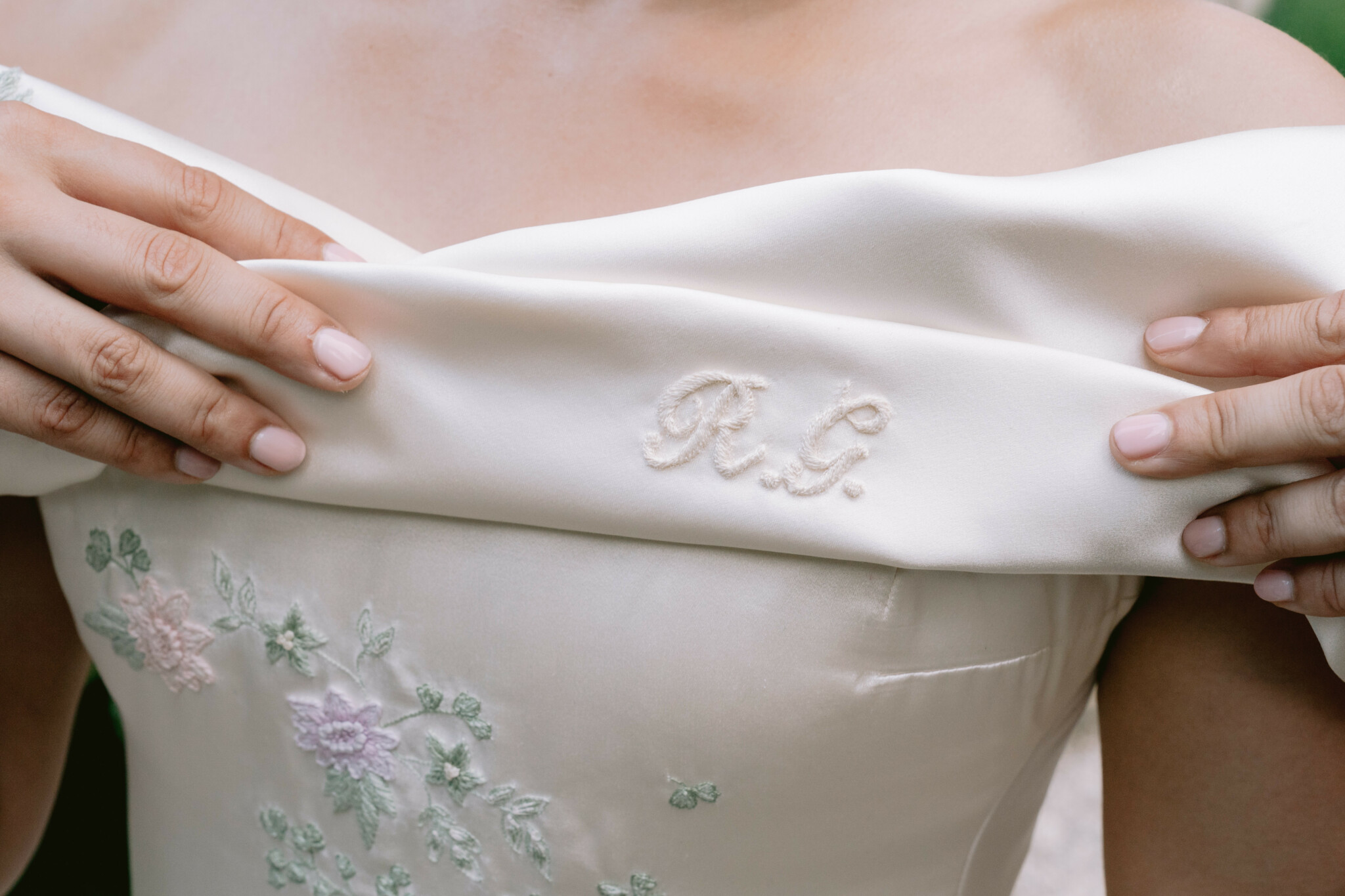 Phillipa Lepley Bride Katie Couture Off The Shoulder Duchess Satin Column Dress Bespoke Floral Embroidery Lake Como Wedding