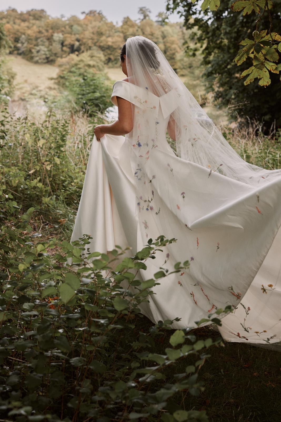 Phillipa Lepley bride Harriet Duchess Satin Off The Shoulder Wedding Dress Colourful Hand Embroidered Wildflower Meadow Veil