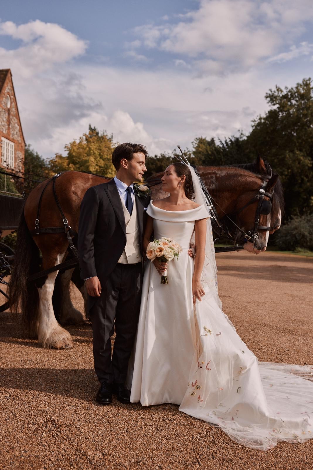 Phillipa Lepley bride Harriet Duchess Satin Off The Shoulder Wedding Dress Colourful Hand Embroidered Wildflower Meadow Veil