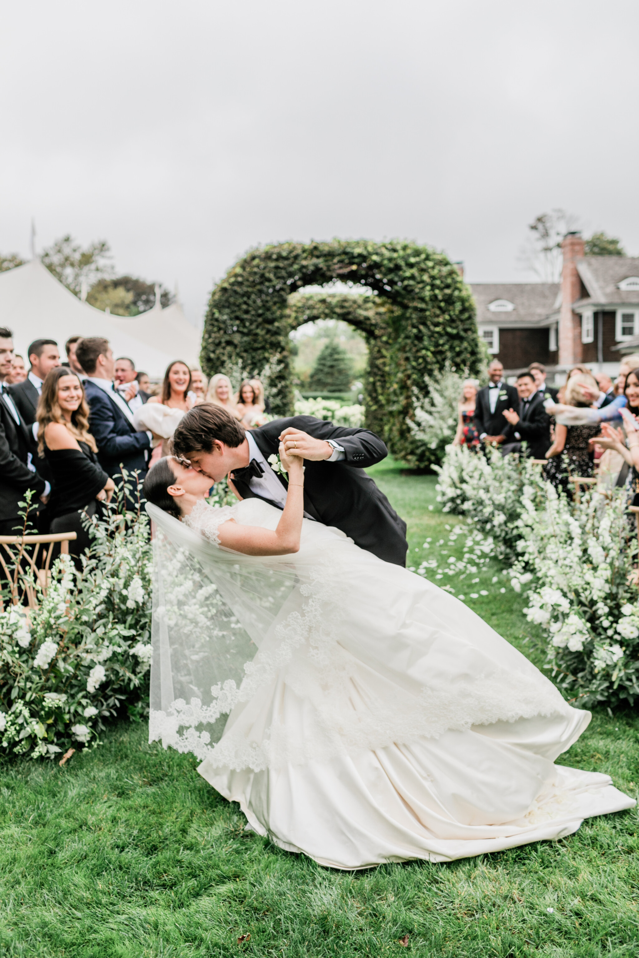 Phillipa Lepley Bride Madison Hamptons Wedding Duchess Satin Strapless A Line Dress with Lace Cap Sleeve Bridal Top