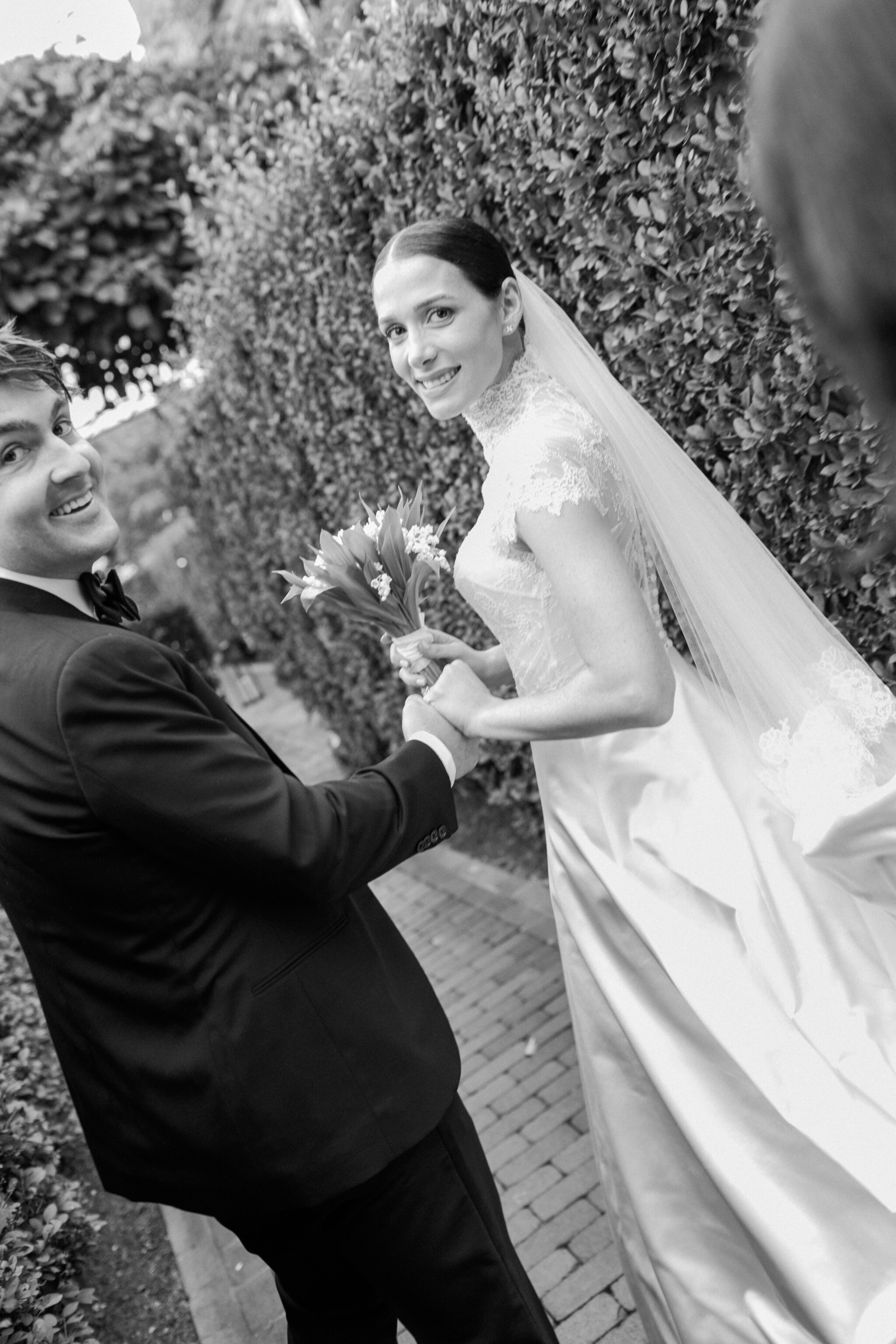 Phillipa Lepley Bride Madison Hamptons Wedding Duchess Satin Strapless A Line Dress with Lace Cap Sleeve Bridal Top