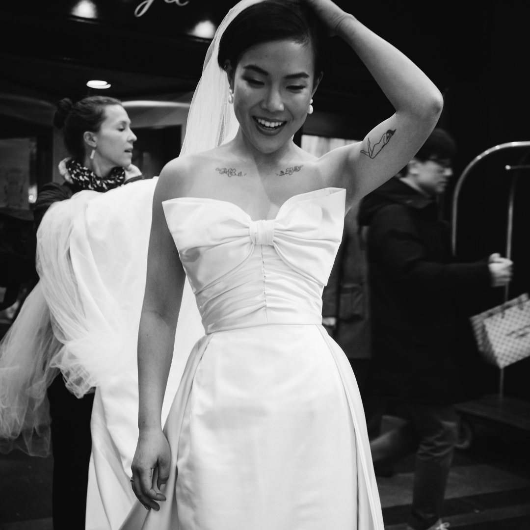 Phillipa Lepley Bride Jessica Corseted Strapless Bow Wedding Dress Bespoke Overskirt New York City Wedding