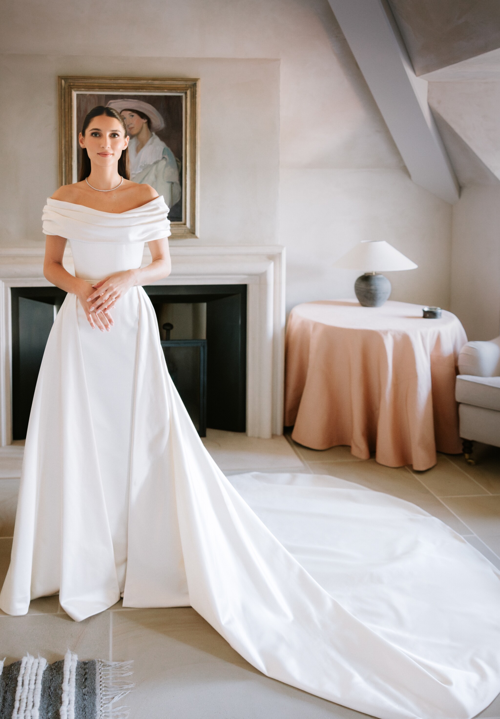 Phillipa Lepley Bride Blaize Off The Shoulder Bespoke Duchess Satin Gown With Detachable Overskirt
