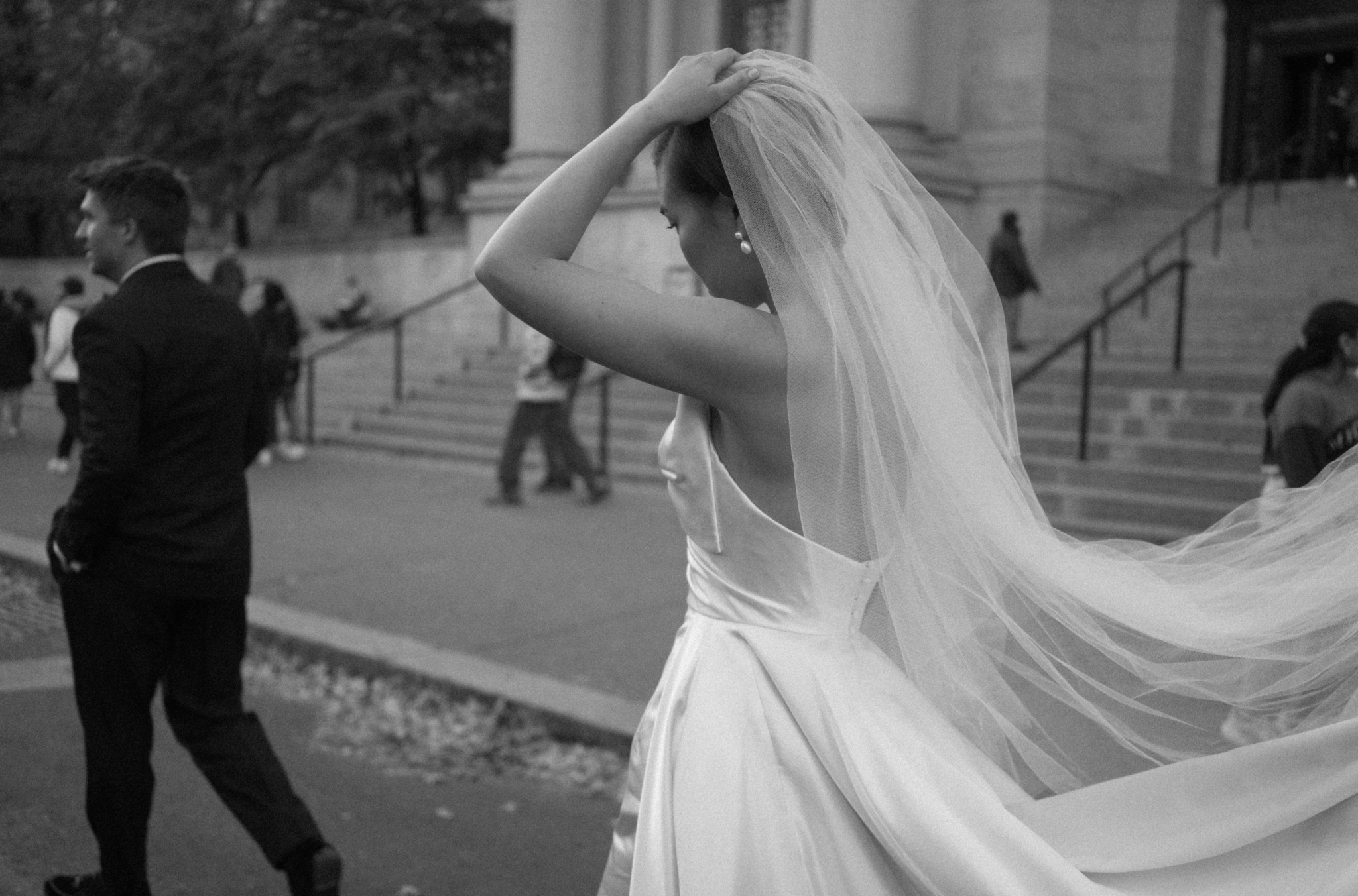 Phillipa Lepley Bride Jessica Corseted Strapless Bow Wedding Dress Bespoke Overskirt New York City Wedding