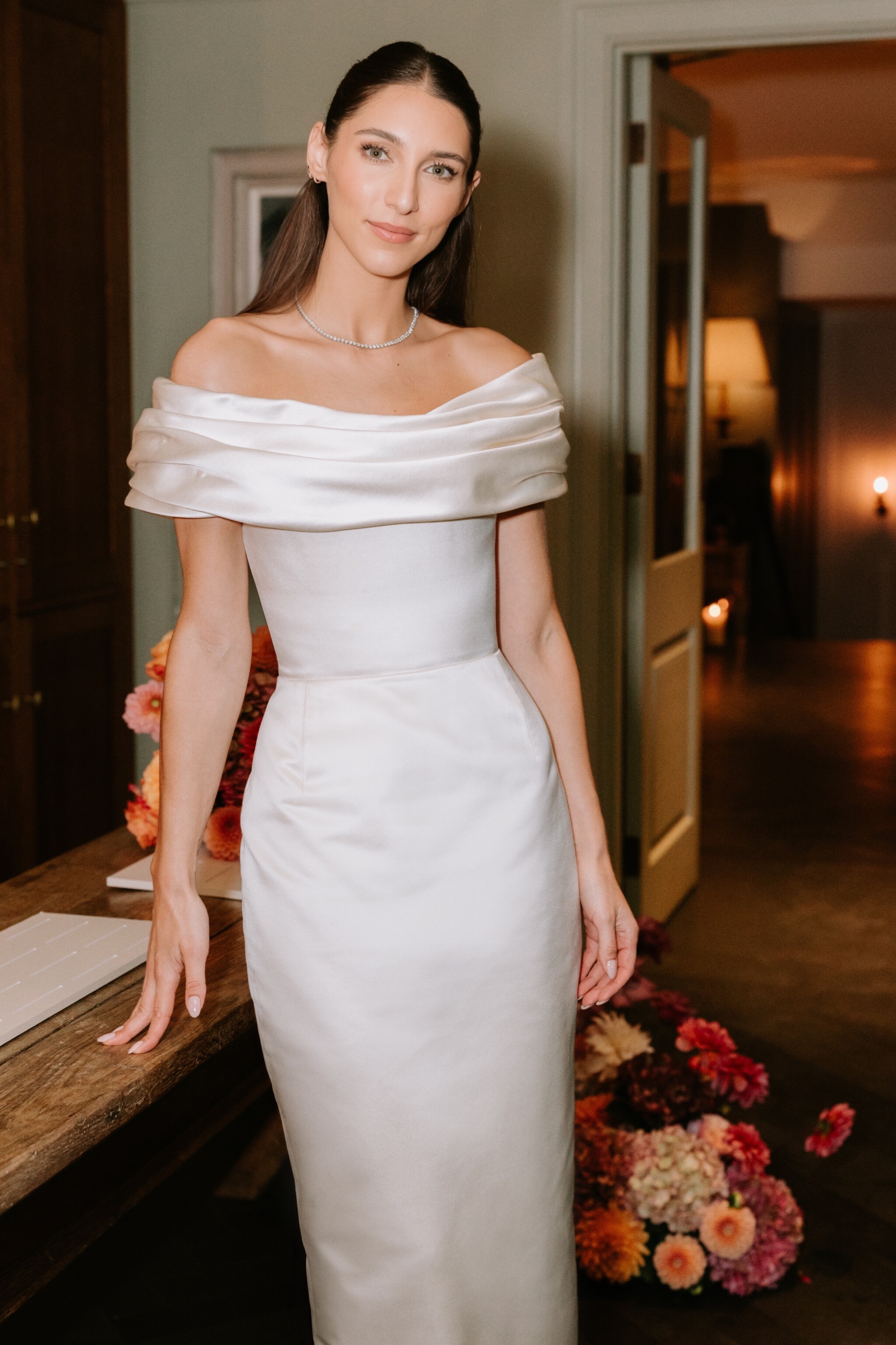 Phillipa Lepley Bride Blaize Off The Shoulder Bespoke Duchess Satin Gown With Detachable Overskirt