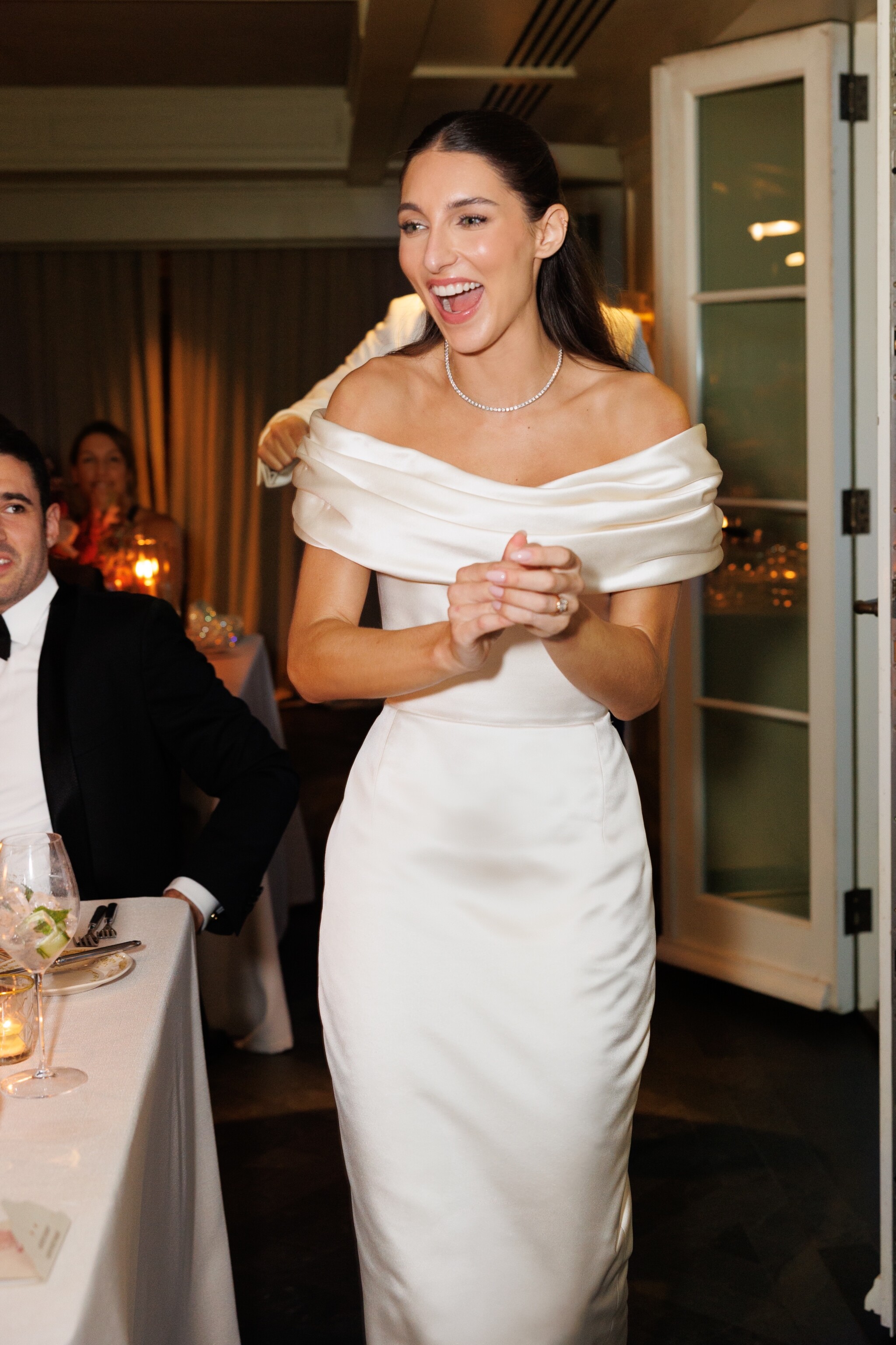 Phillipa Lepley Bride Blaize Off The Shoulder Bespoke Duchess Satin Gown With Detachable Overskirt