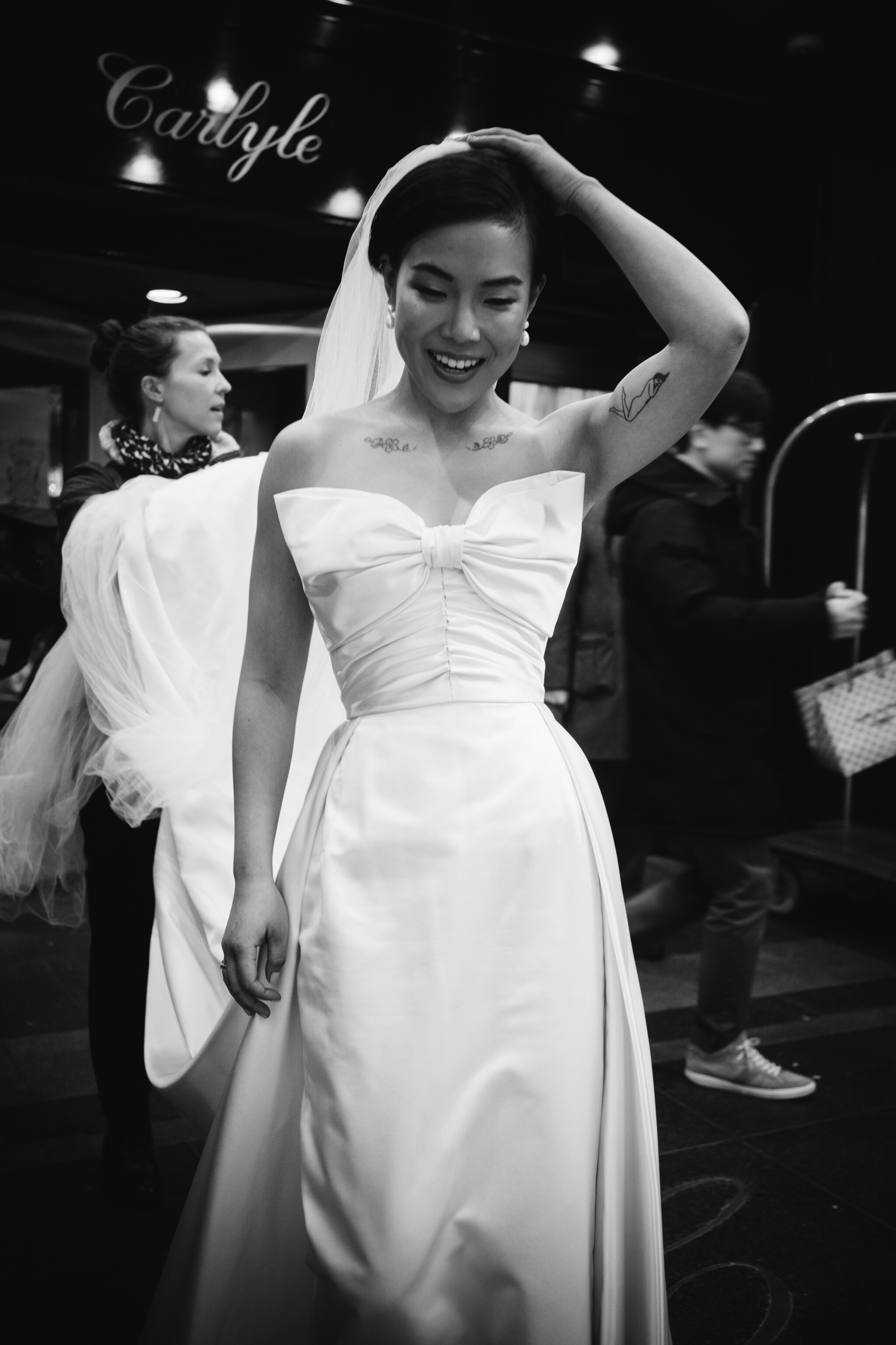 Phillipa Lepley Bride Jessica Corseted Strapless Bow Wedding Dress Bespoke Overskirt New York City Wedding
