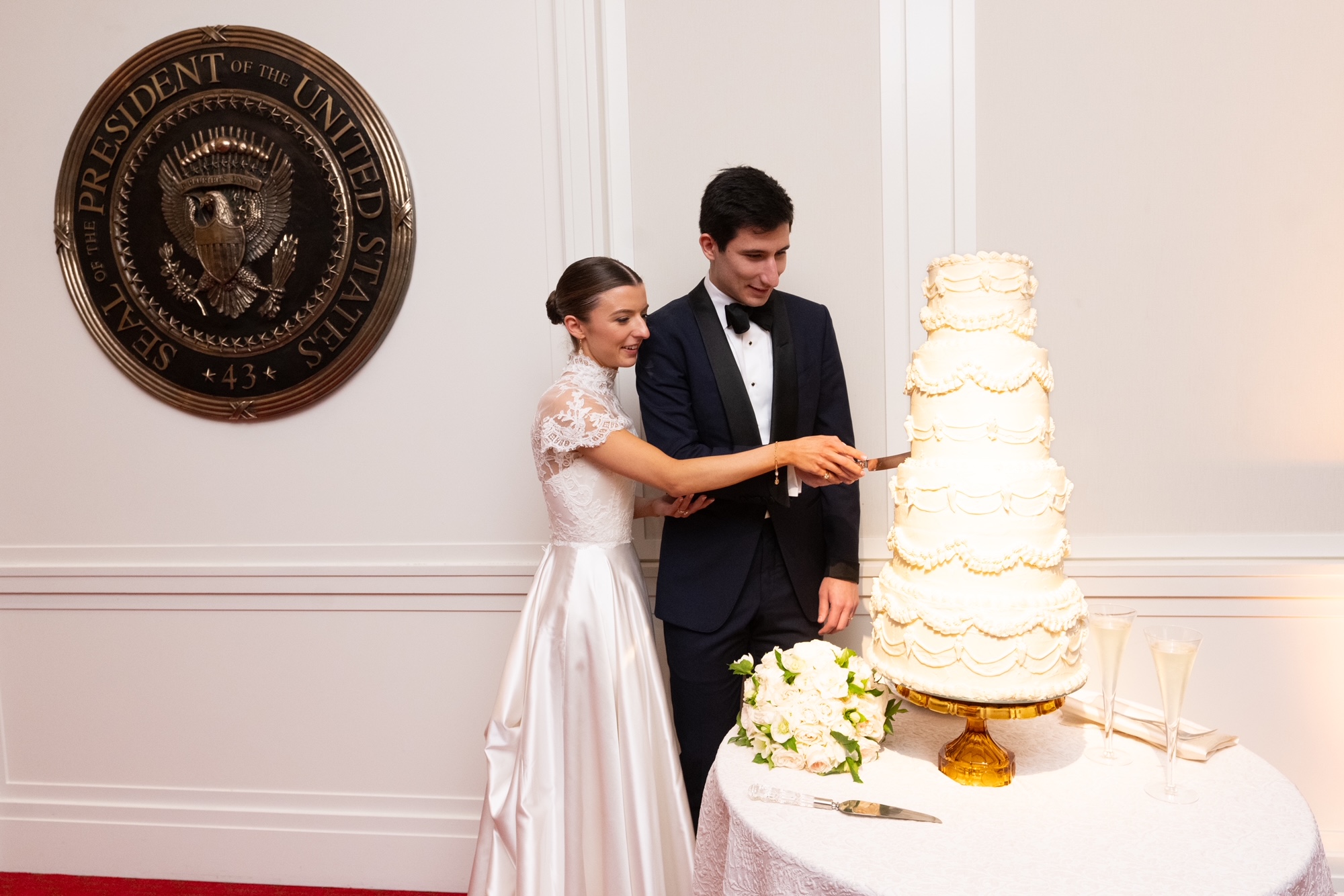 Phillipa Lepley Bride Bespoke High Neck Symmetrical Scroll Lace Wedding Dress For Texas Wedding