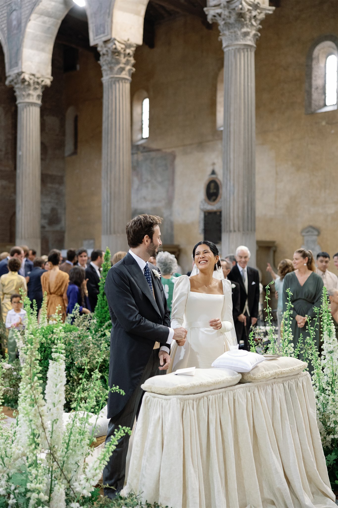 Phillipa Lepley Bride Tosca Bespoke Duchess Satin Long Sleeve Wedding Dress with Square Neckline and Removable Overskirt Rome Wedding