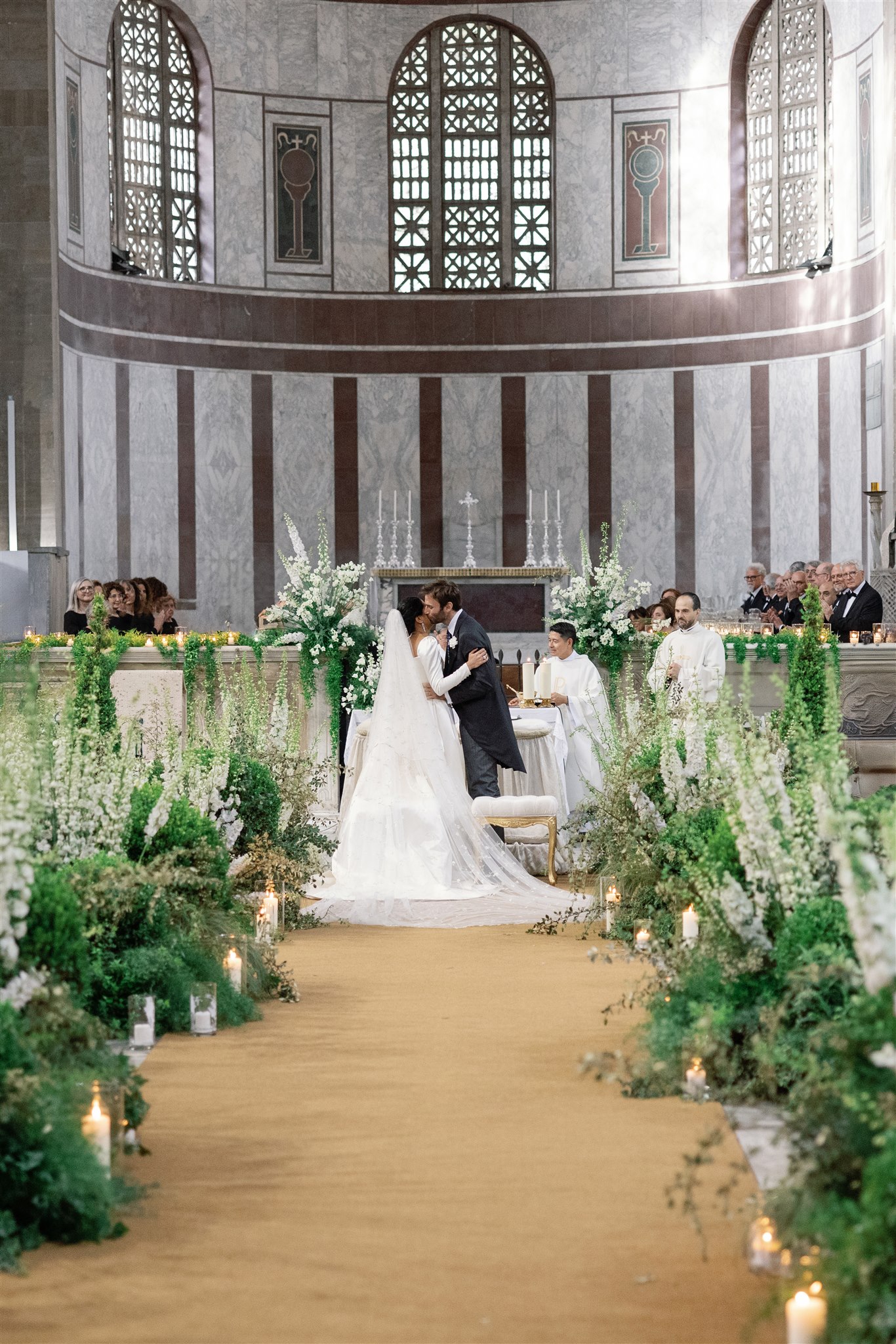 Phillipa Lepley Bride Tosca Bespoke Duchess Satin Long Sleeve Wedding Dress with Square Neckline and Removable Overskirt Rome Wedding