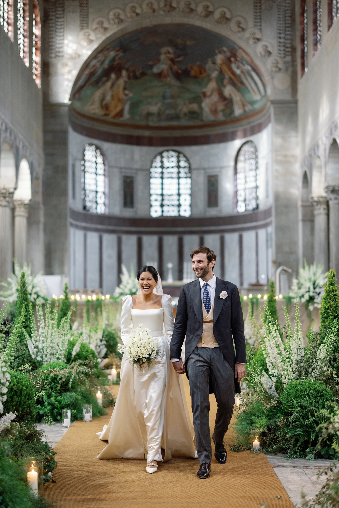 Phillipa Lepley Bride Tosca Bespoke Duchess Satin Long Sleeve Wedding Dress with Square Neckline and Removable Overskirt Rome Wedding