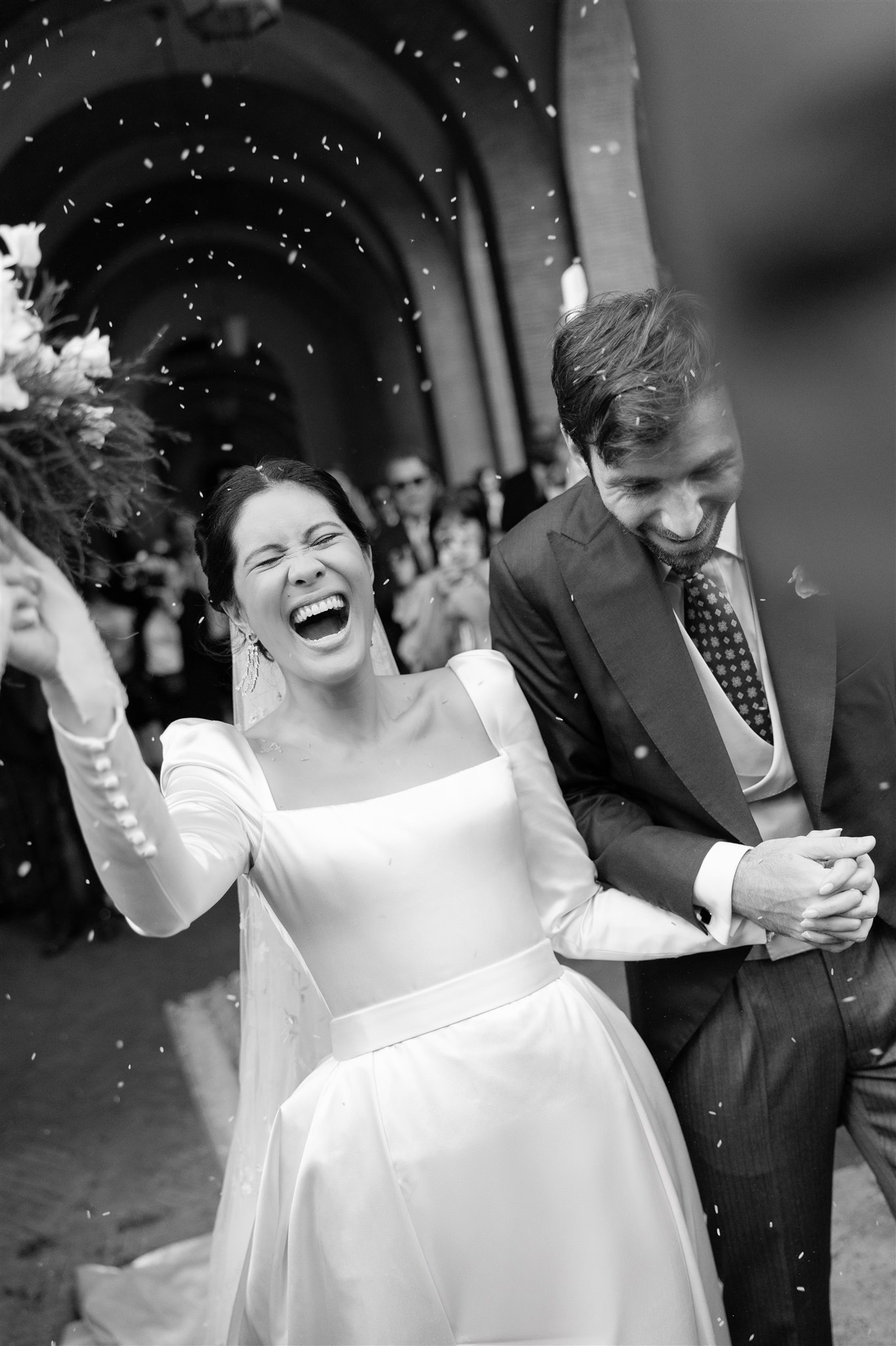 Phillipa Lepley Bride Tosca Bespoke Duchess Satin Long Sleeve Wedding Dress with Square Neckline and Removable Overskirt Rome Wedding