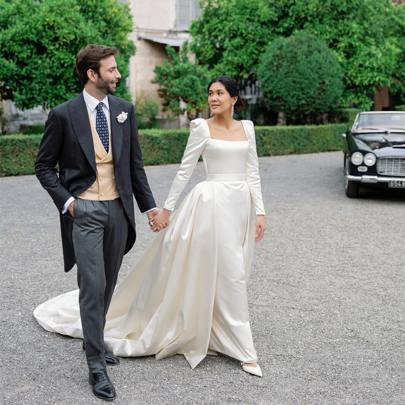 Phillipa Lepley Bride Tosca Bespoke Duchess Satin Long Sleeve Wedding Dress with Square Neckline and Removable Overskirt Rome Wedding
