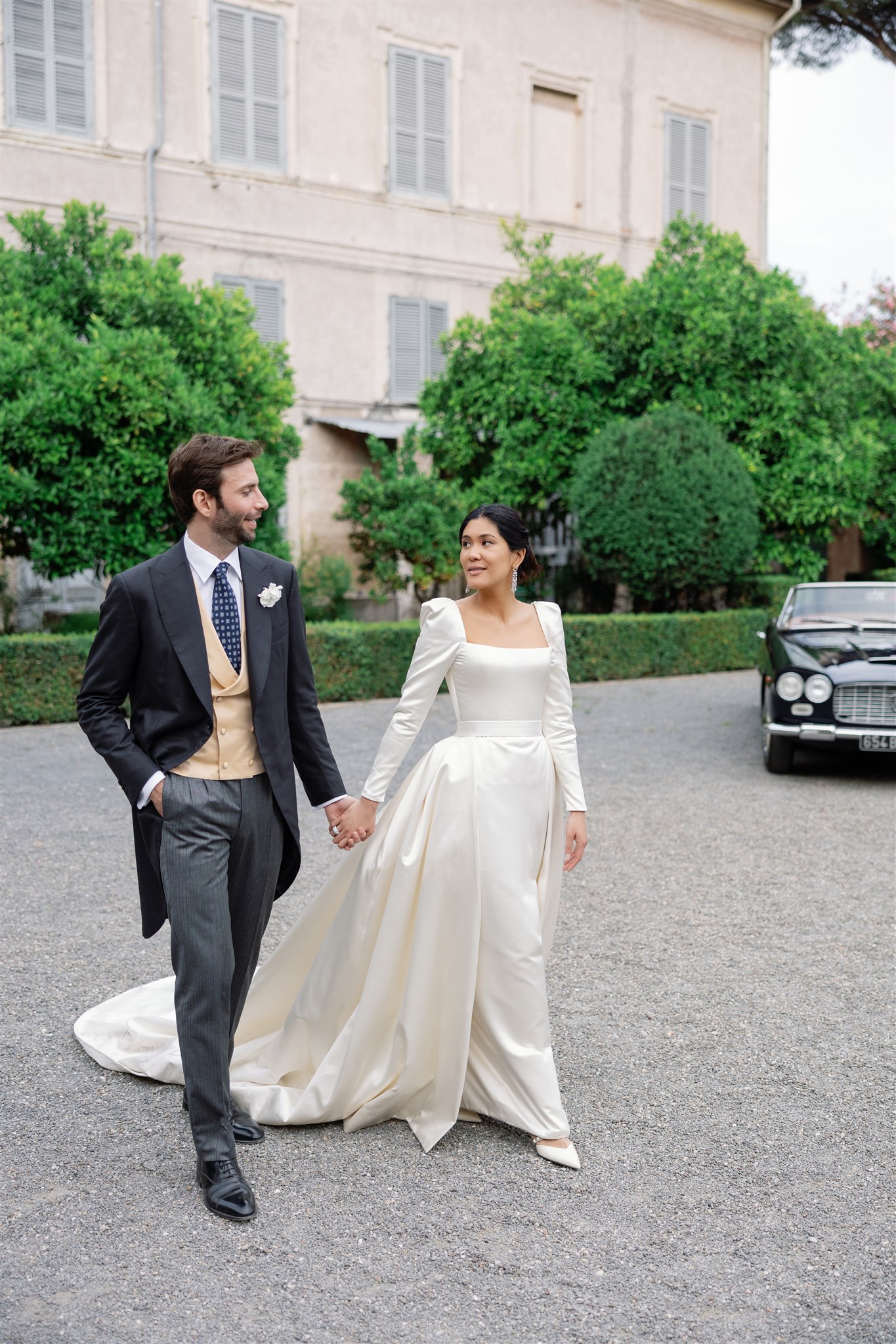 Phillipa Lepley Bride Tosca Bespoke Duchess Satin Long Sleeve Wedding Dress with Square Neckline and Removable Overskirt Rome Wedding