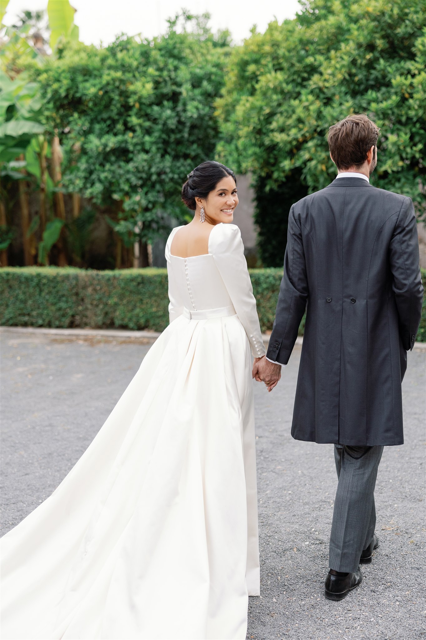 Phillipa Lepley Bride Tosca Bespoke Duchess Satin Long Sleeve Wedding Dress with Square Neckline and Removable Overskirt Rome Wedding