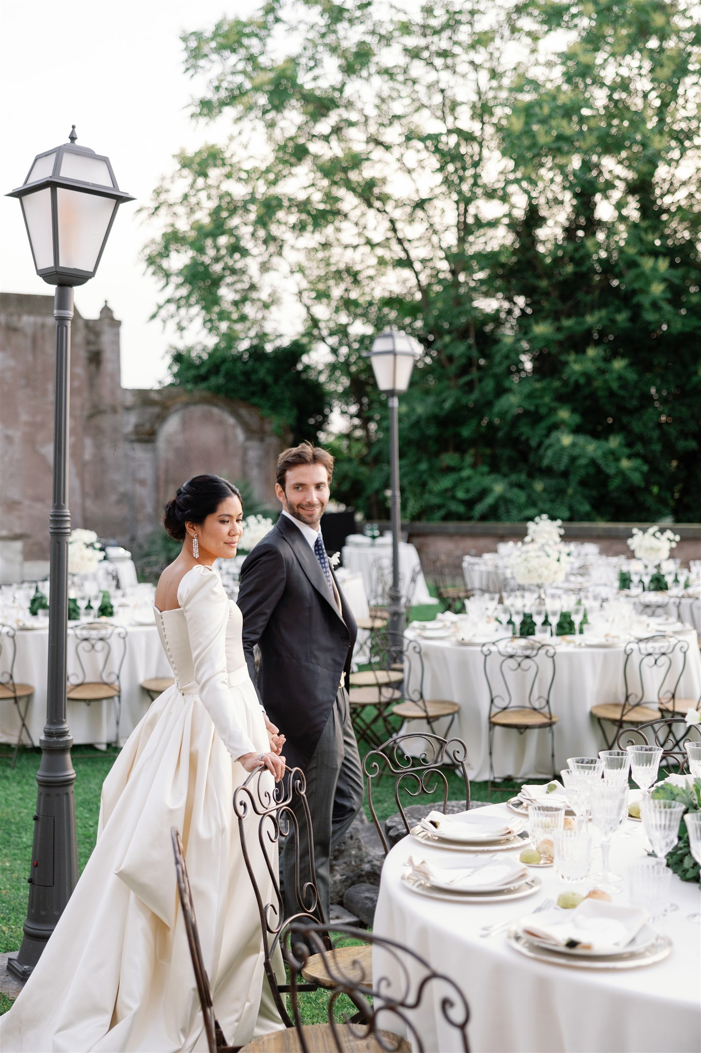 Phillipa Lepley Bride Tosca Bespoke Duchess Satin Long Sleeve Wedding Dress with Square Neckline and Removable Overskirt Rome Wedding