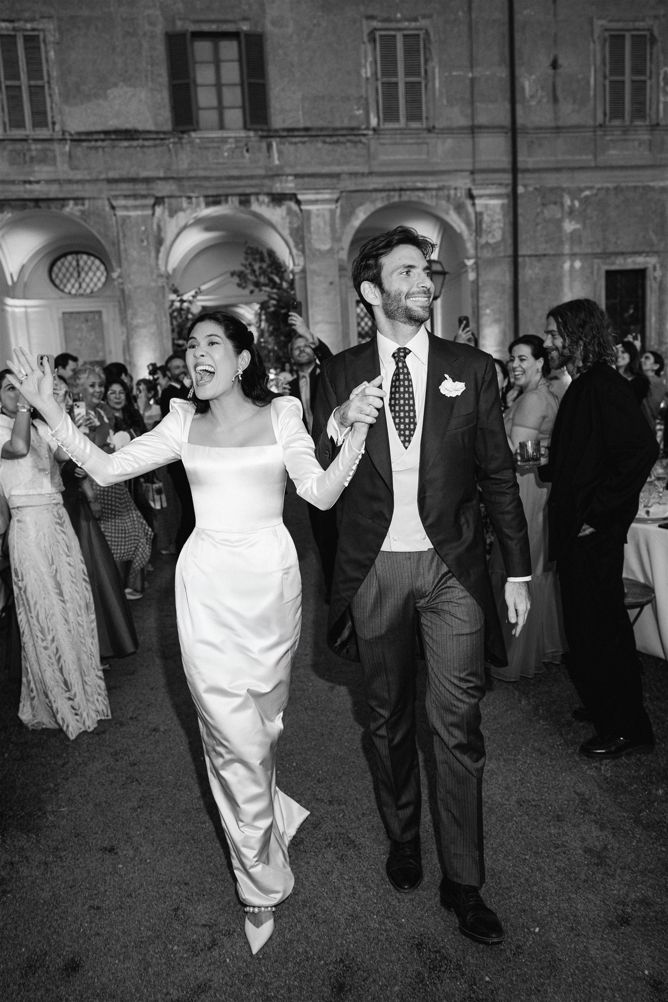 Phillipa Lepley Bride Tosca Bespoke Duchess Satin Long Sleeve Wedding Dress with Square Neckline and Removable Overskirt Rome Wedding