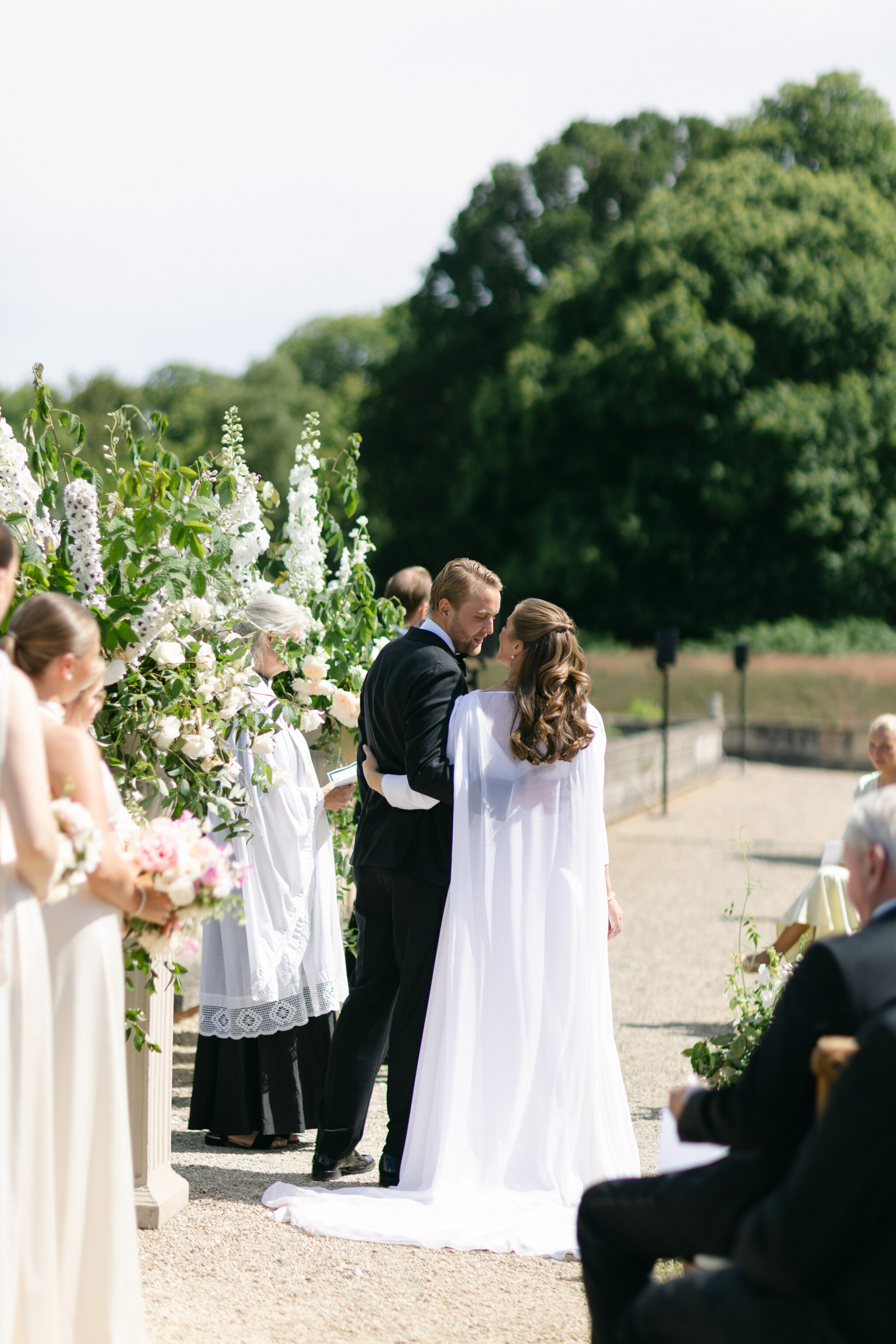 Phillipa Lepley Bride Charlotte Bespoke Silk Crepe Wedding Dress V Neckline And Sleeves With Detachable Silk Chiffon Cape