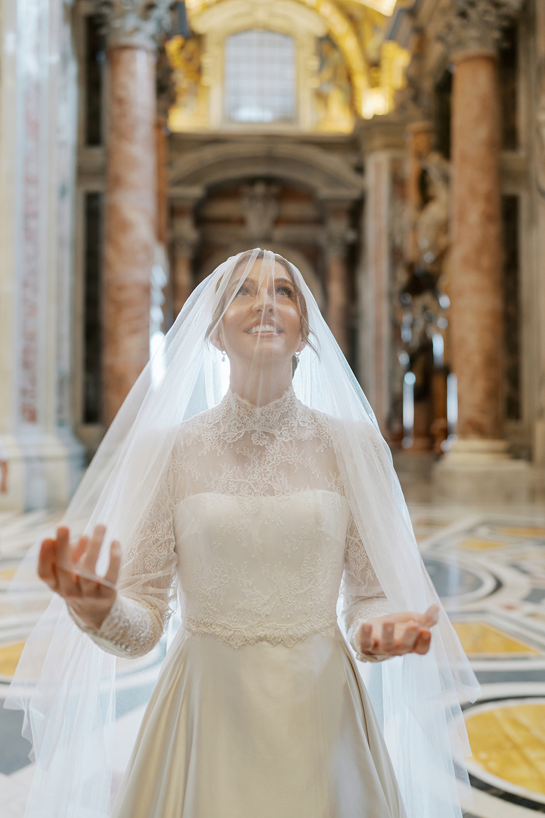 Phillipa Lepley Bride Taylor Bespoke Vatican Wedding Dress Duchess Satin Strapless Gown And Lace Long Sleeve Top With Embroidered Script Veil
