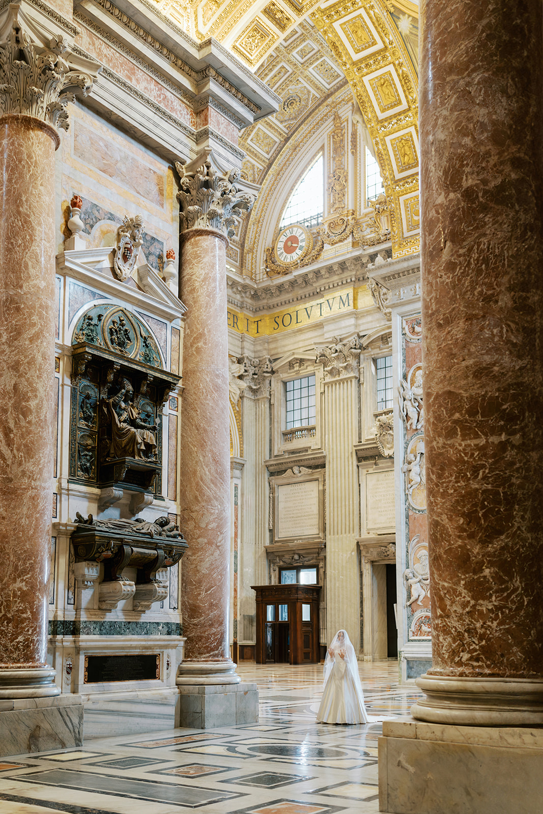 Phillipa Lepley Bride Taylor Bespoke Vatican Wedding Dress Duchess Satin Strapless Gown And Lace Long Sleeve Top With Embroidered Script Veil