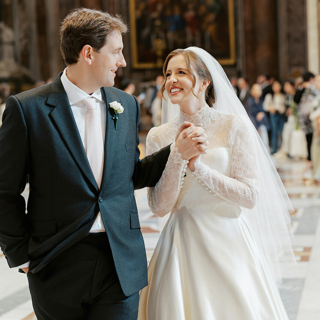 Phillipa Lepley Bride Taylor Bespoke Vatican Wedding Dress Duchess Satin Strapless Gown And Lace Long Sleeve Top With Embroidered Script Veil