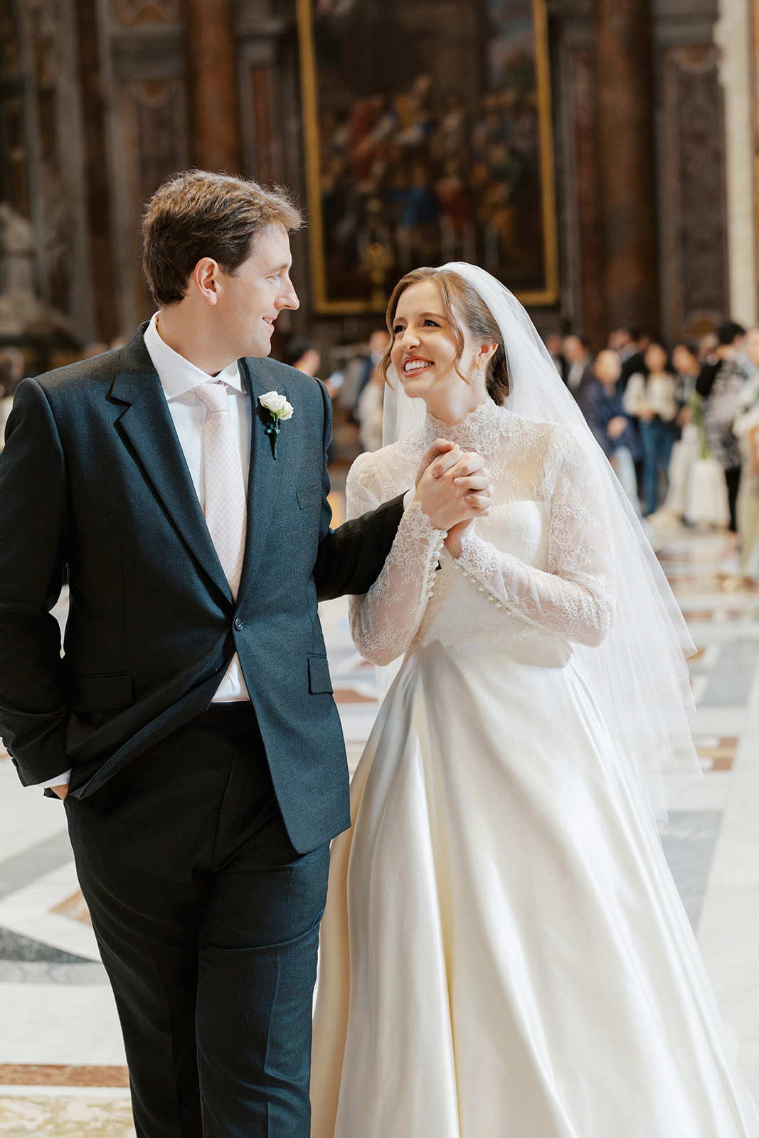 Phillipa Lepley Bride Taylor Bespoke Vatican Wedding Dress Duchess Satin Strapless Gown And Lace Long Sleeve Top With Embroidered Script Veil