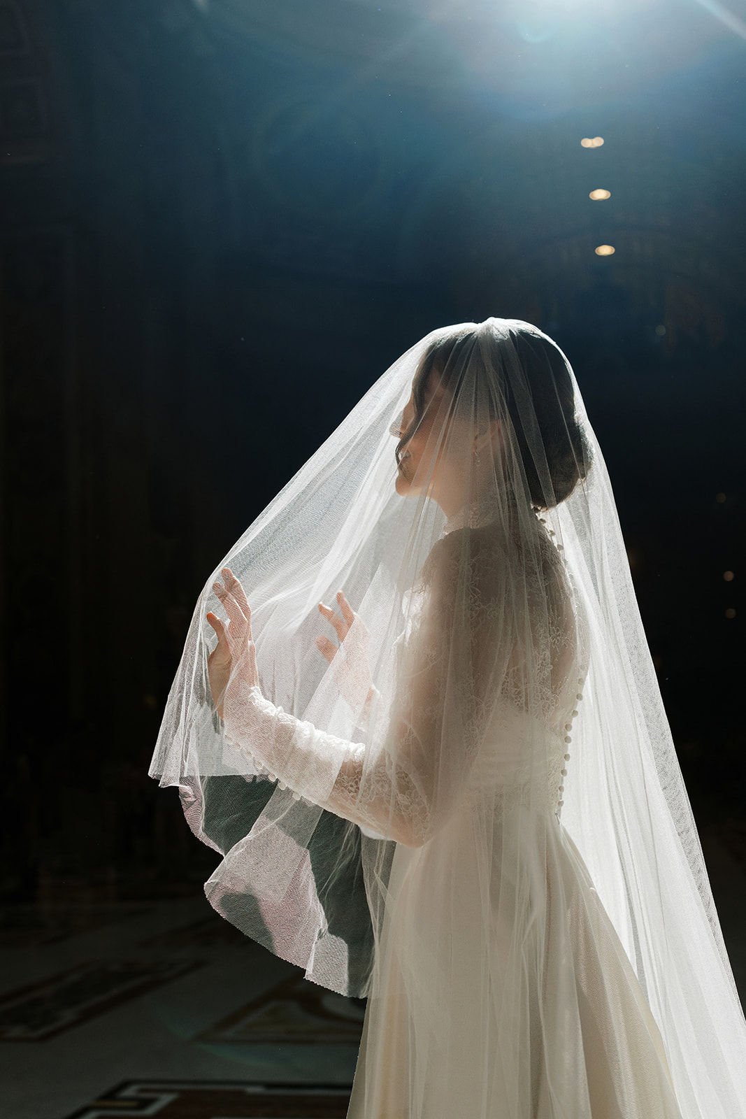 Phillipa Lepley Bride Taylor Bespoke Vatican Wedding Dress Duchess Satin Strapless Gown And Lace Long Sleeve Top With Embroidered Script Veil