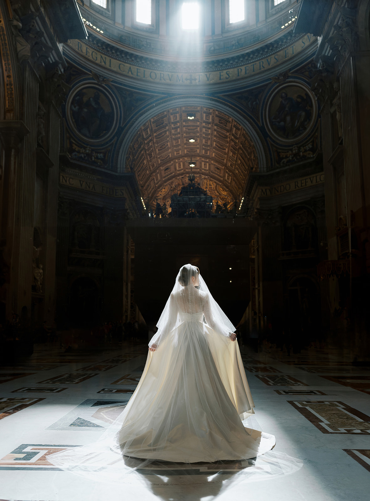 Phillipa Lepley Bride Taylor Bespoke Vatican Wedding Dress Duchess Satin Strapless Gown And Lace Long Sleeve Top With Embroidered Script Veil