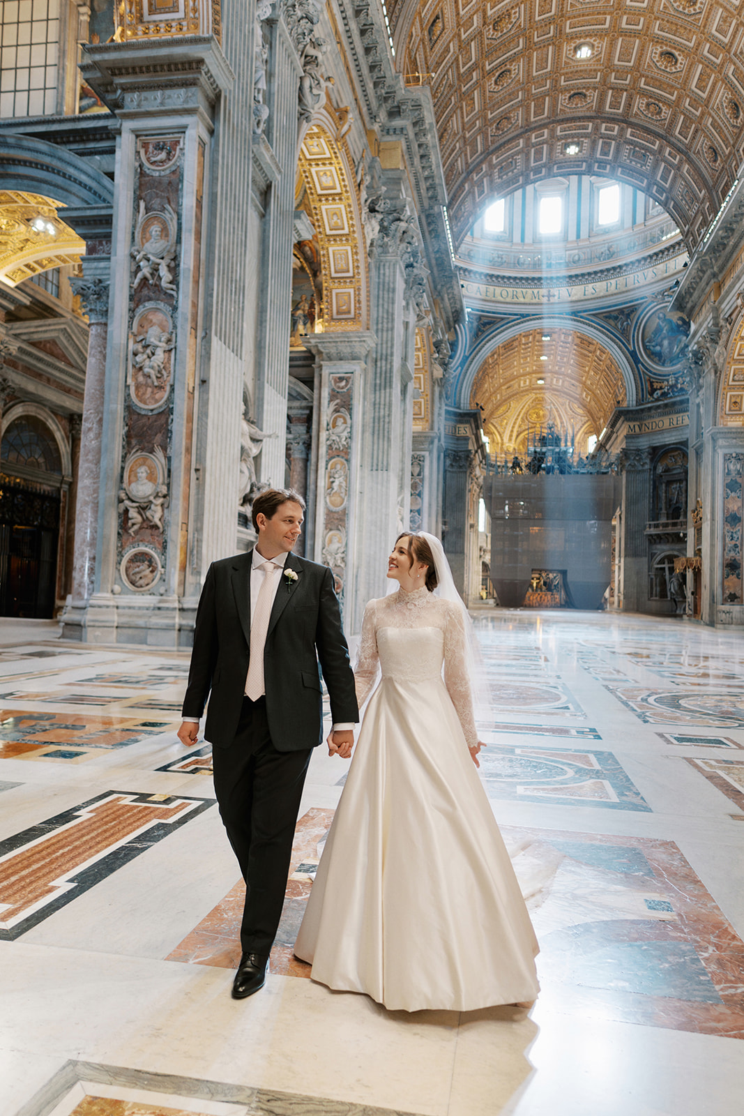 Phillipa Lepley Bride Taylor Bespoke Vatican Wedding Dress Duchess Satin Strapless Gown And Lace Long Sleeve Top With Embroidered Script Veil