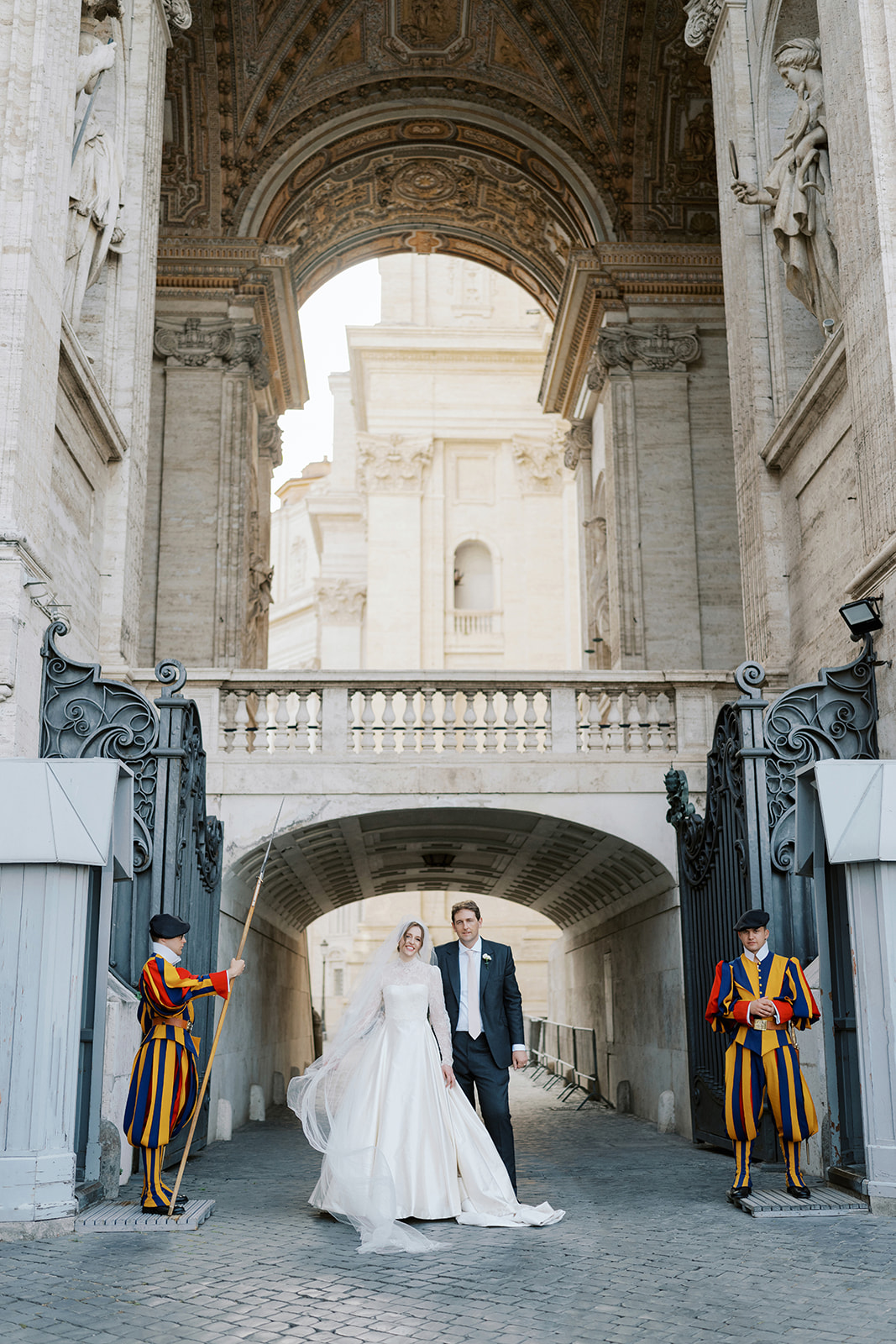 Phillipa Lepley Bride Taylor Bespoke Vatican Wedding Dress Duchess Satin Strapless Gown And Lace Long Sleeve Top With Embroidered Script Veil