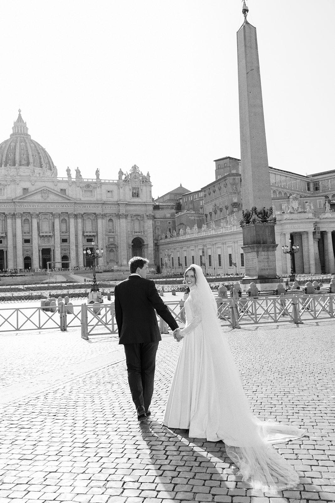 Phillipa Lepley Bride Taylor Bespoke Vatican Wedding Dress Duchess Satin Strapless Gown And Lace Long Sleeve Top With Embroidered Script Veil