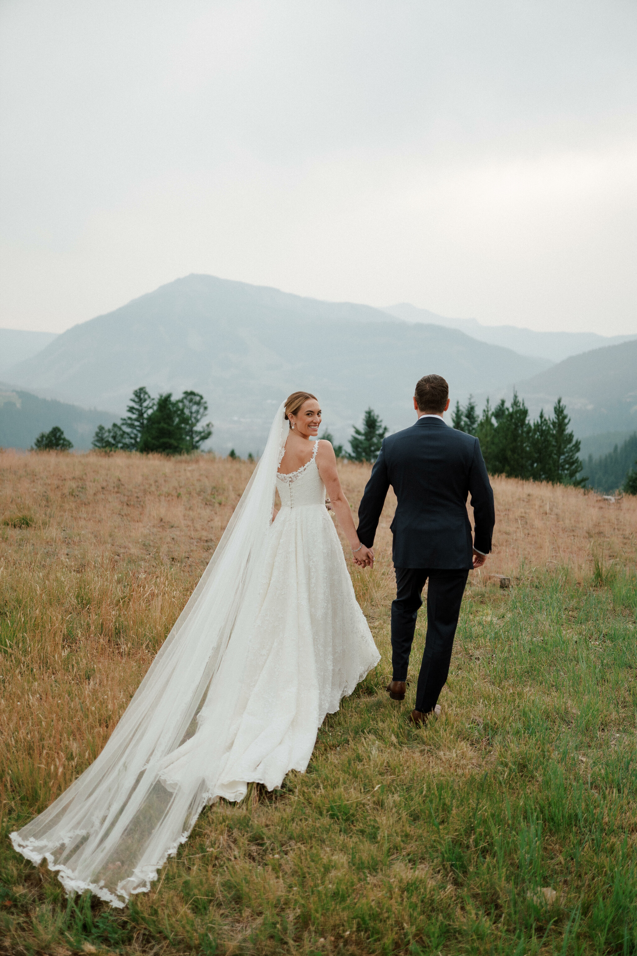 Phillipa Lepley Bride Alex Couture Bespoke Lace Wedding Dress With Straps Lace Wedding Veil Montana Wedding