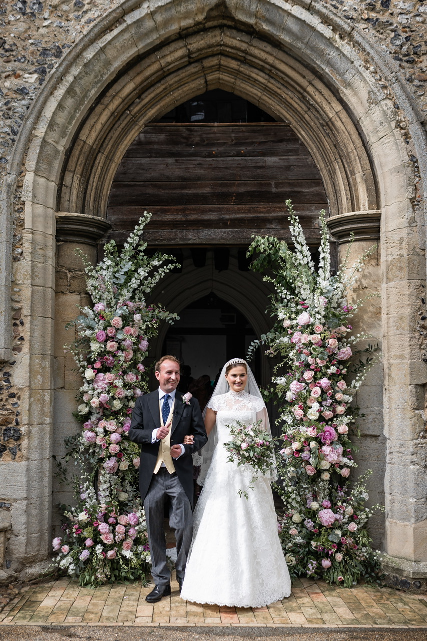 Phillipa Lepley bride Amelia Corseted Couture Scroll Lace Wedding Dress With High Neck Lace Border Veil